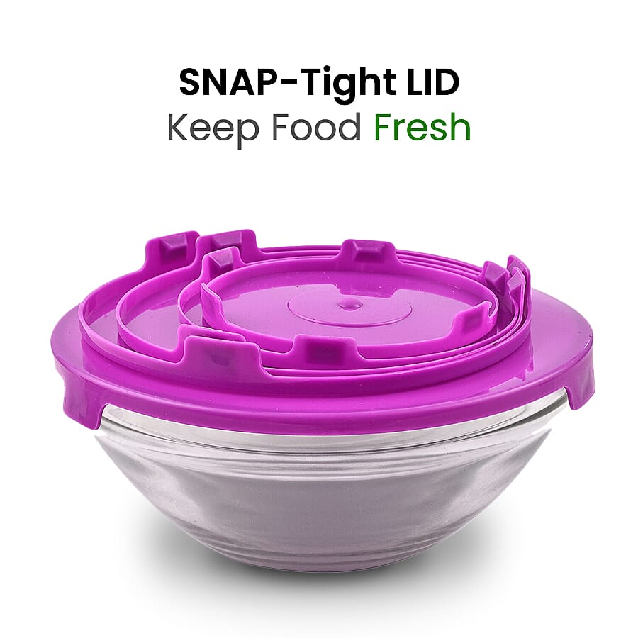 Herzberg Transparent 5 Piece Glass Bowls with Lids (Size 9/10/12/14/17 Cm) - Purple