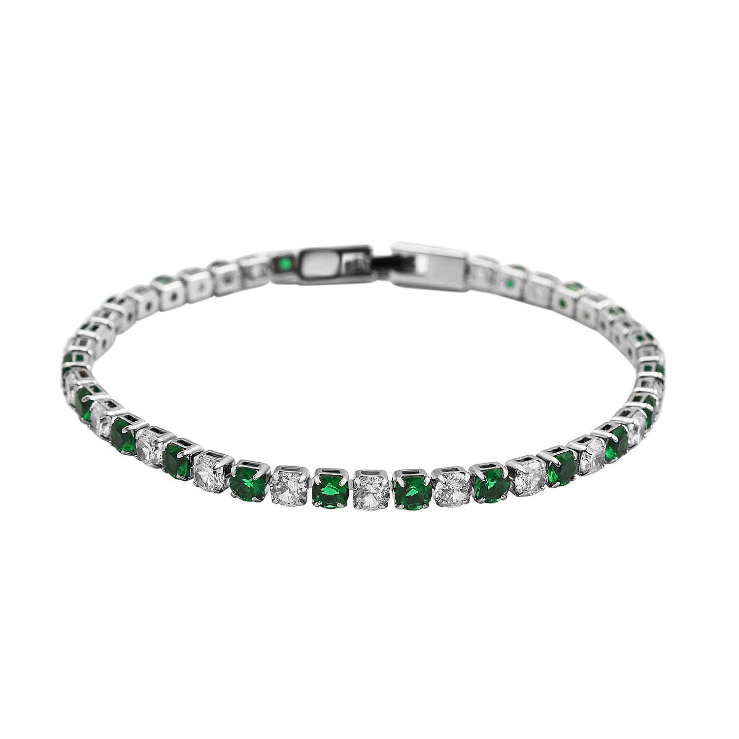 Simulated Emerald and Simulated Diamond Tennis Bracelet (Size - 7.5) in Silver Tone