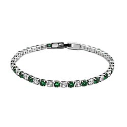 Simulated Emerald and Simulated Diamond Tennis Bracelet (Size - 7.5) in Silver Tone