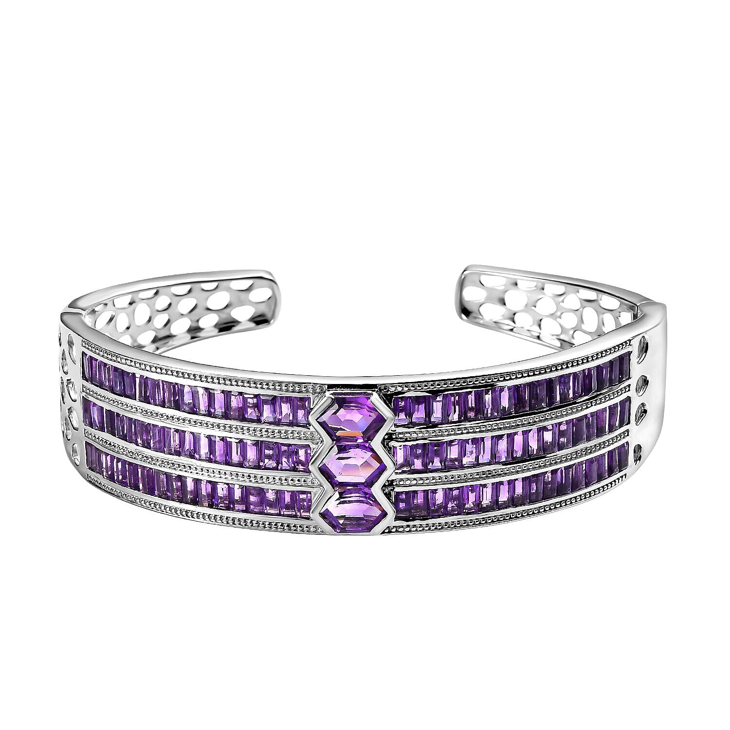 Amethyst Cuff Bangle (Size - 7.5) in Platinum Overlay Sterling Silver 16.29 Ct, Silver Wt. 31.50 Gms.
