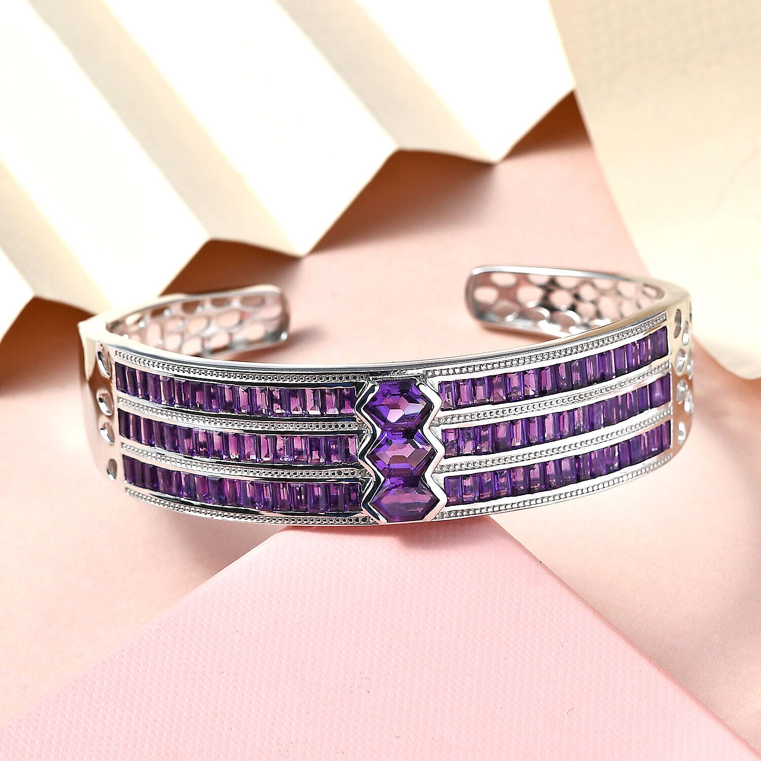 Amethyst Cuff Bangle (Size - 7.5) in Platinum Overlay Sterling Silver 16.29 Ct, Silver Wt. 31.50 Gms.