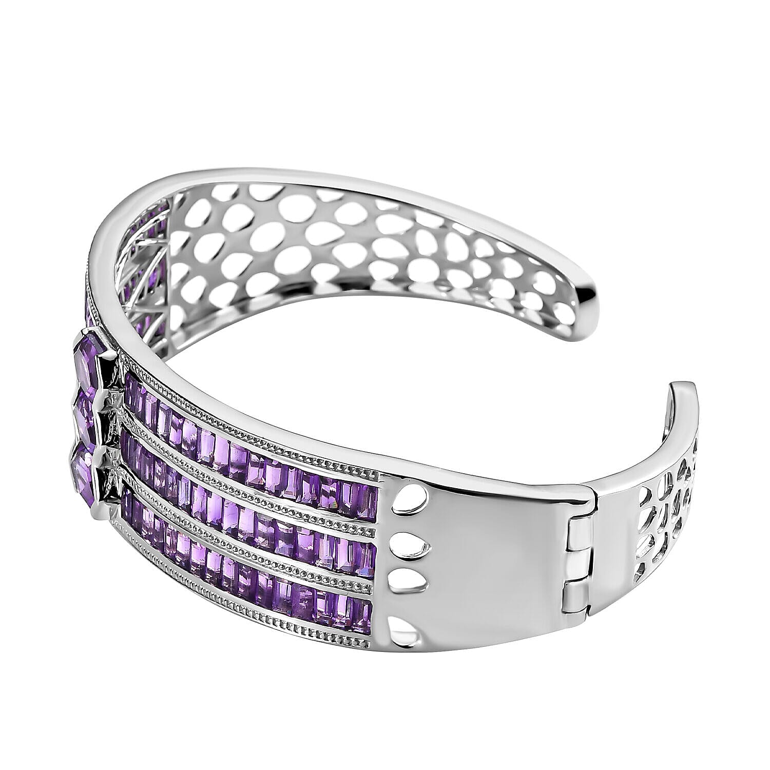 Amethyst Cuff Bangle (Size - 7.5) in Platinum Overlay Sterling Silver 16.29 Ct, Silver Wt. 31.50 Gms.