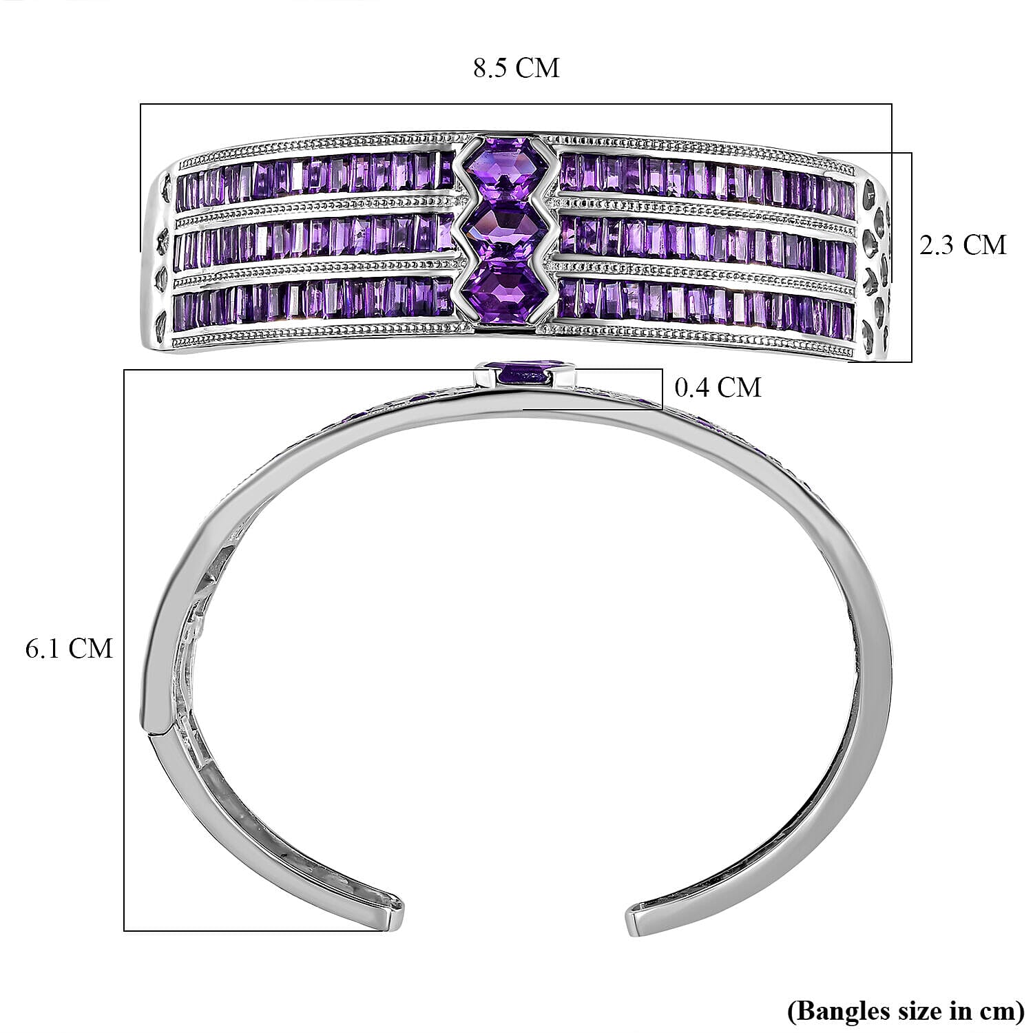 Amethyst Cuff Bangle (Size - 7.5) in Platinum Overlay Sterling Silver 16.29 Ct, Silver Wt. 31.50 Gms.