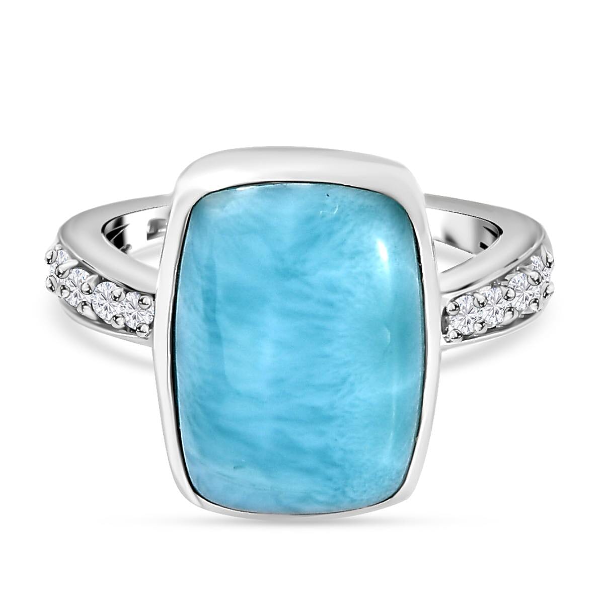 Larimar and Natural Zircon Ring in Platinum Overlay Sterling Silver 8.24 Ct.