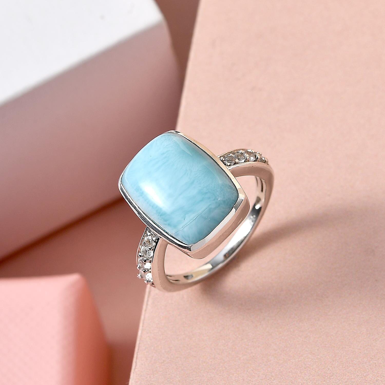 Larimar and Natural Zircon Ring in Platinum Overlay Sterling Silver 8.24 Ct.