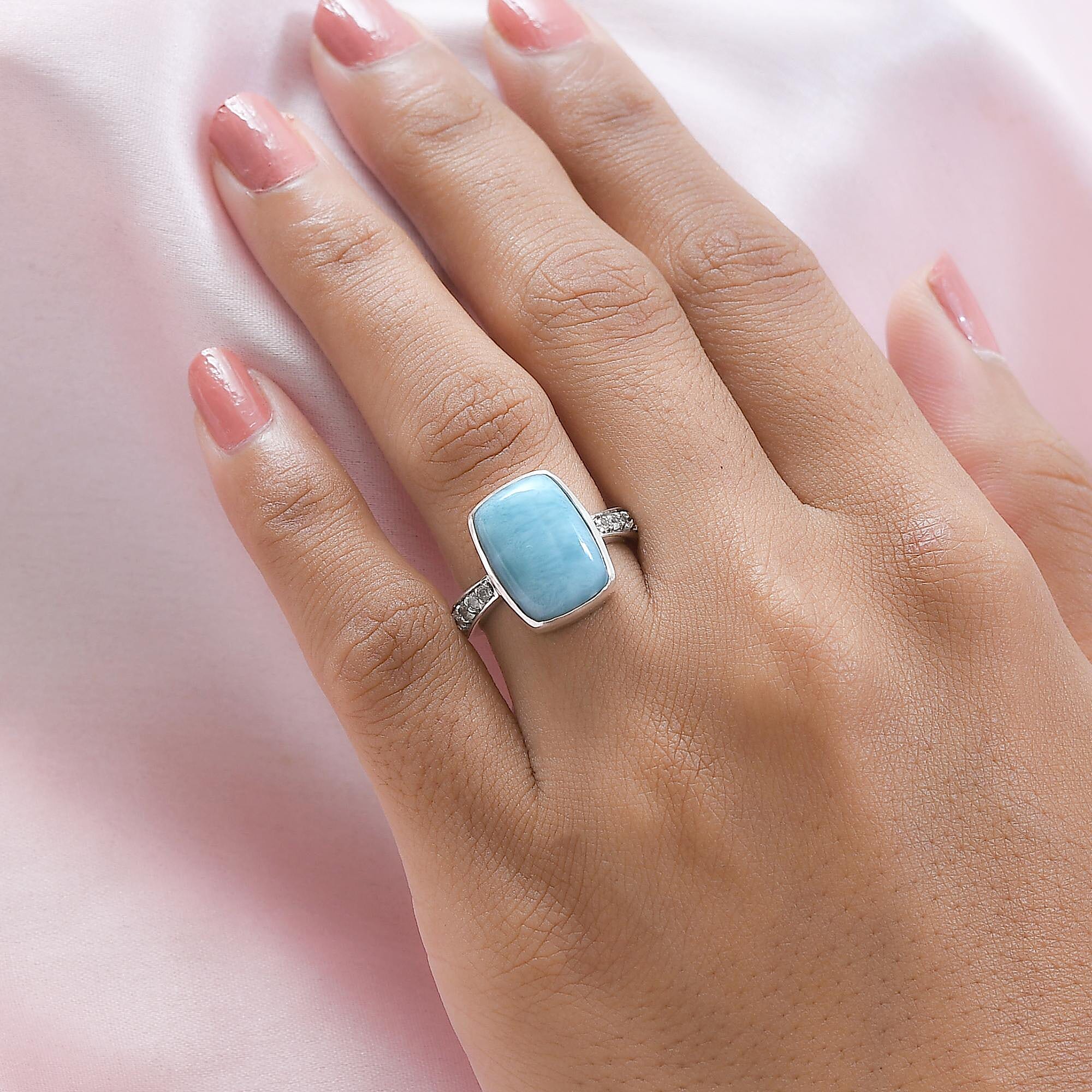 Larimar and Natural Zircon Ring in Platinum Overlay Sterling Silver 8.24 Ct.