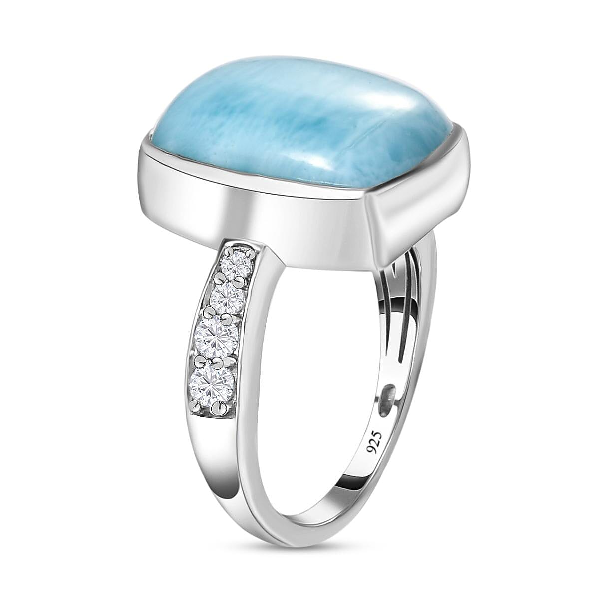 Larimar and Natural Zircon Ring in Platinum Overlay Sterling Silver 8.24 Ct.