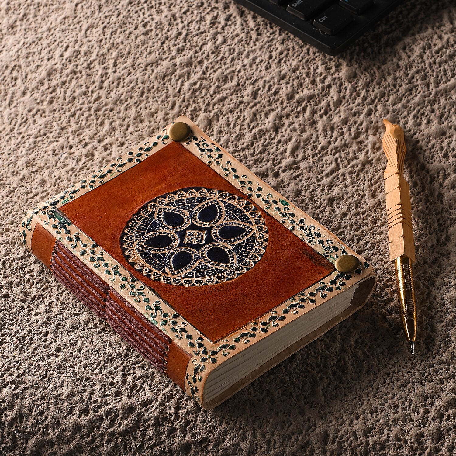 Leather Journal Notebook 96 Off White HMP with Box (Size 15x10 Cm) - Brown and Sky Blue