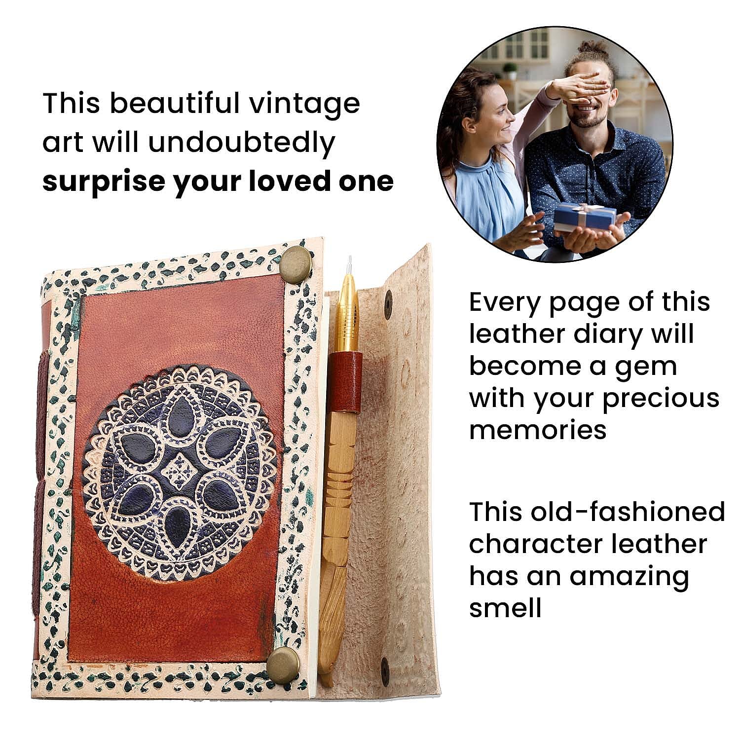 Leather Journal Notebook 96 Off White HMP with Box (Size 15x10 Cm) - Brown and Sky Blue