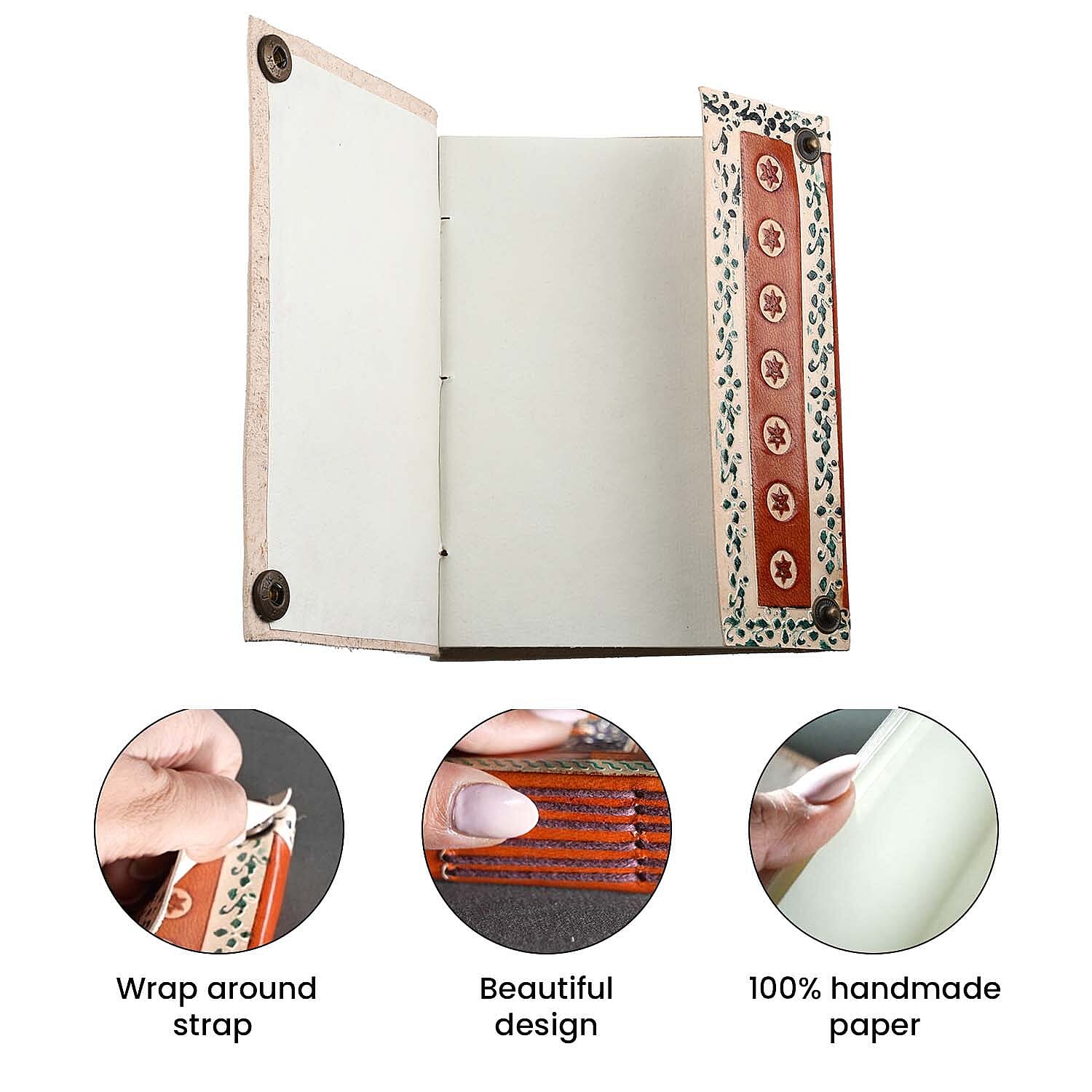 Leather Journal Notebook 96 Off White HMP with Box (Size 15x10 Cm) - Brown and Sky Blue