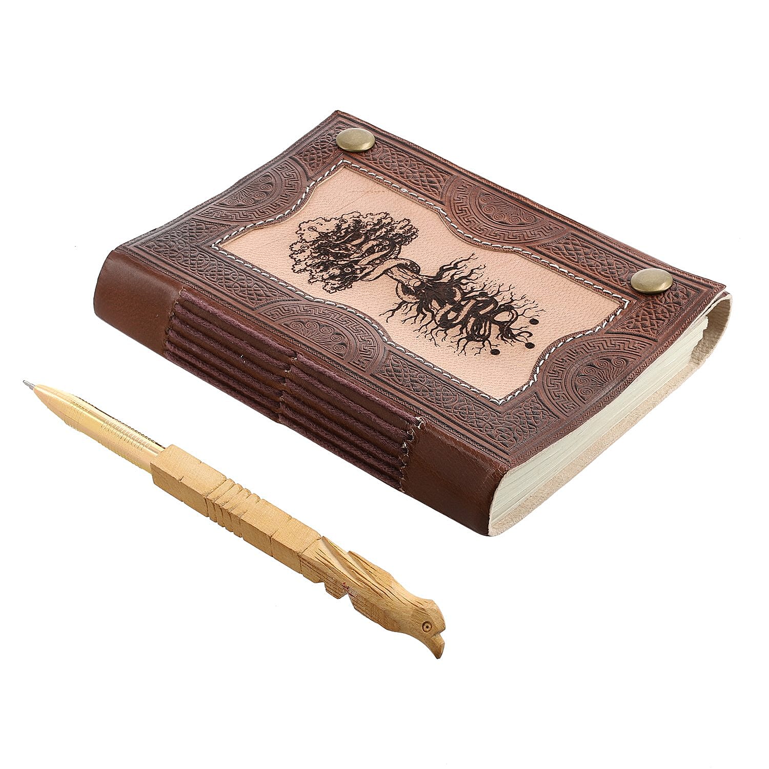 Tree Pattern Leather Journal Notebook 96 Off White HMP with Box (Size 15x10 Cm) - Brown