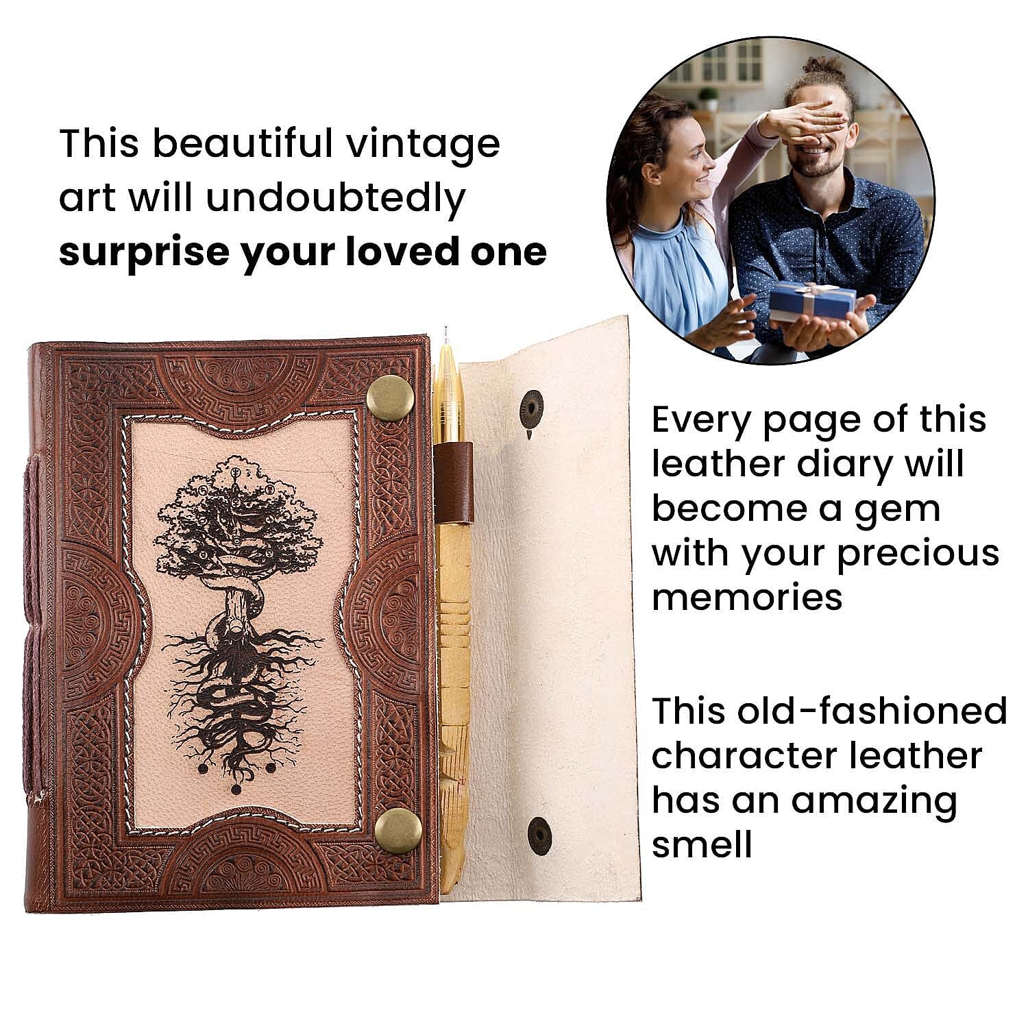 Tree Pattern Leather Journal Notebook 96 Off White HMP with Box (Size 15x10 Cm) - Brown