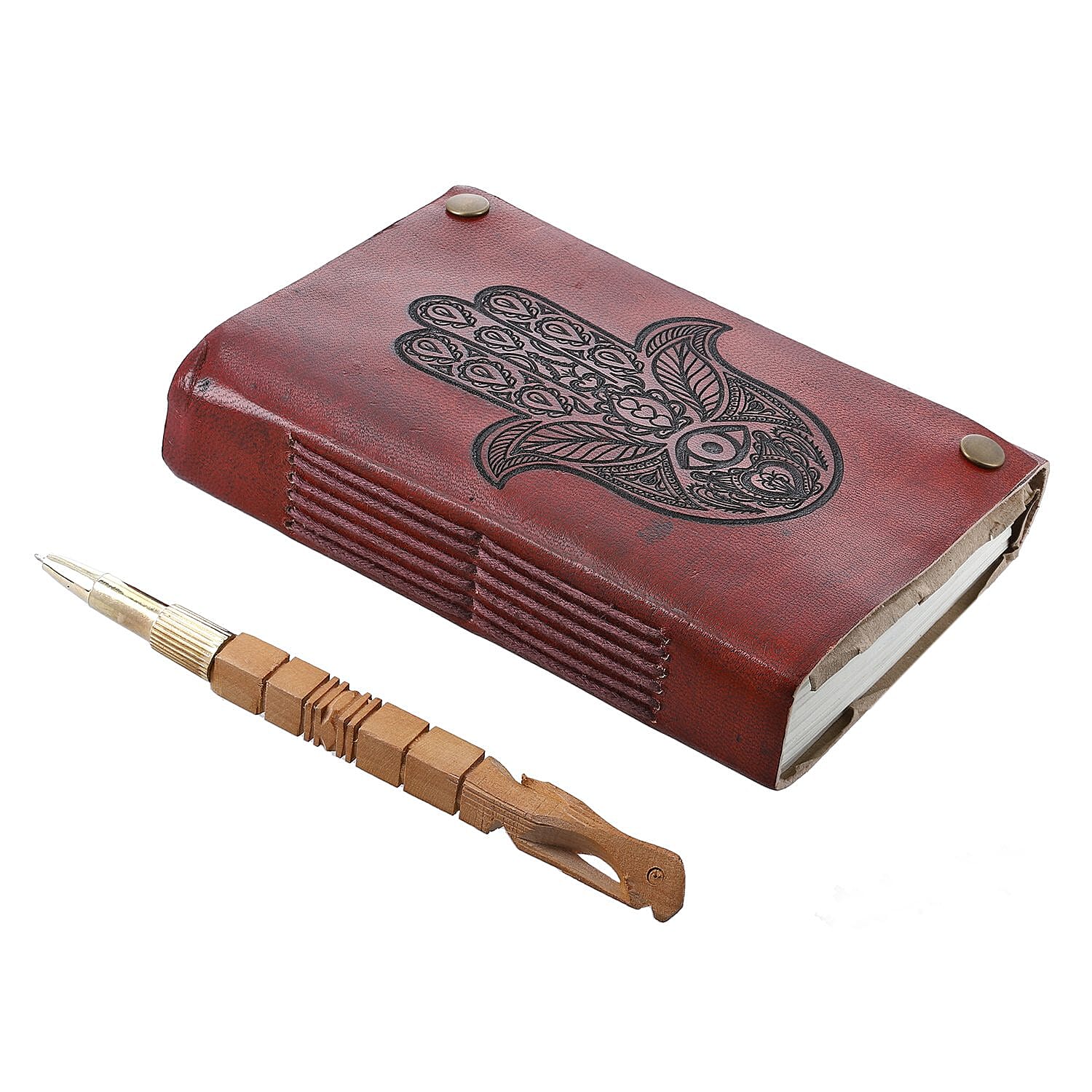 Hamsa Hand Pattern Leather Journal Notebook 96 Off White HMP with Box (Size 15x10 Cm) - Brown