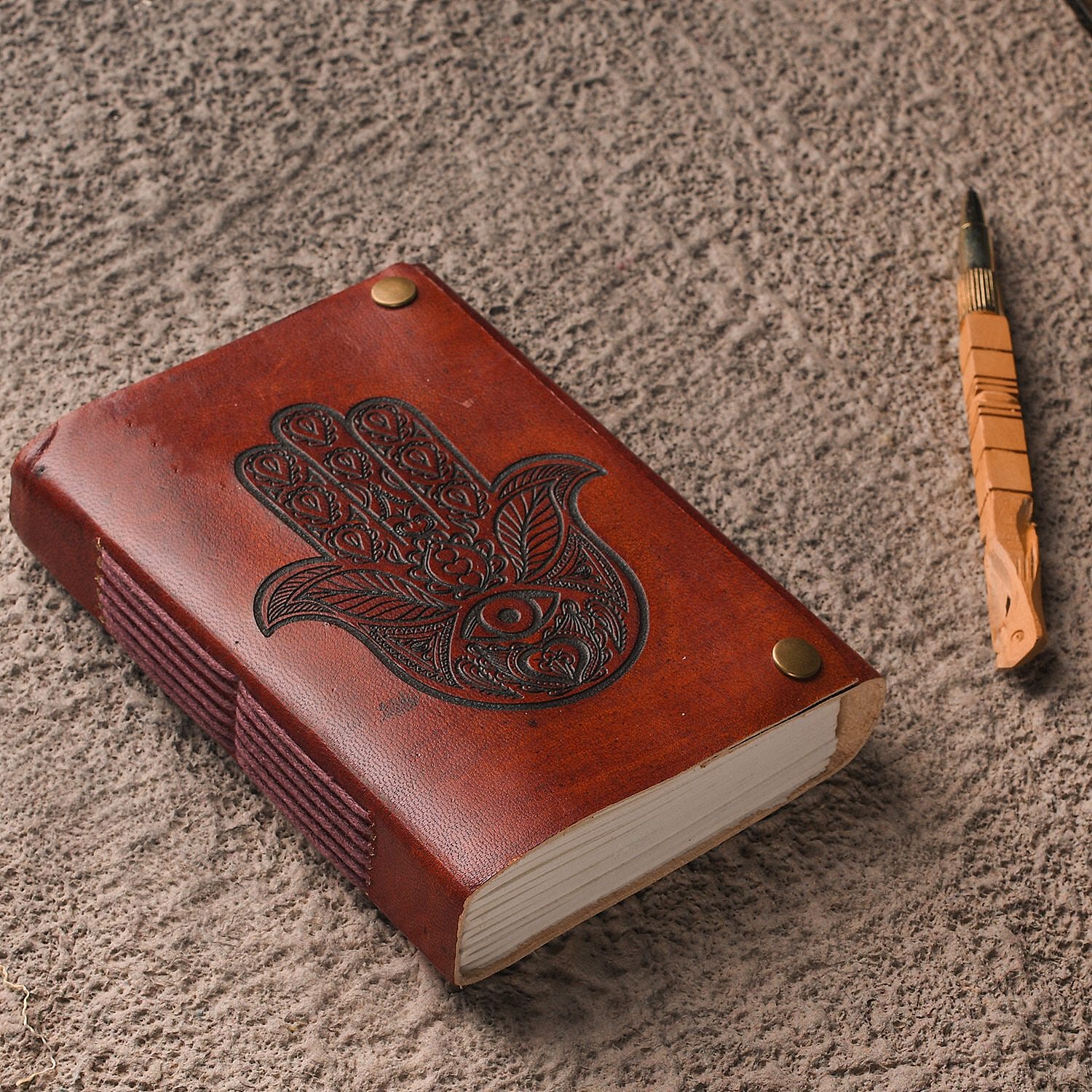 Hamsa Hand Pattern Leather Journal Notebook 96 Off White HMP with Box (Size 15x10 Cm) - Brown