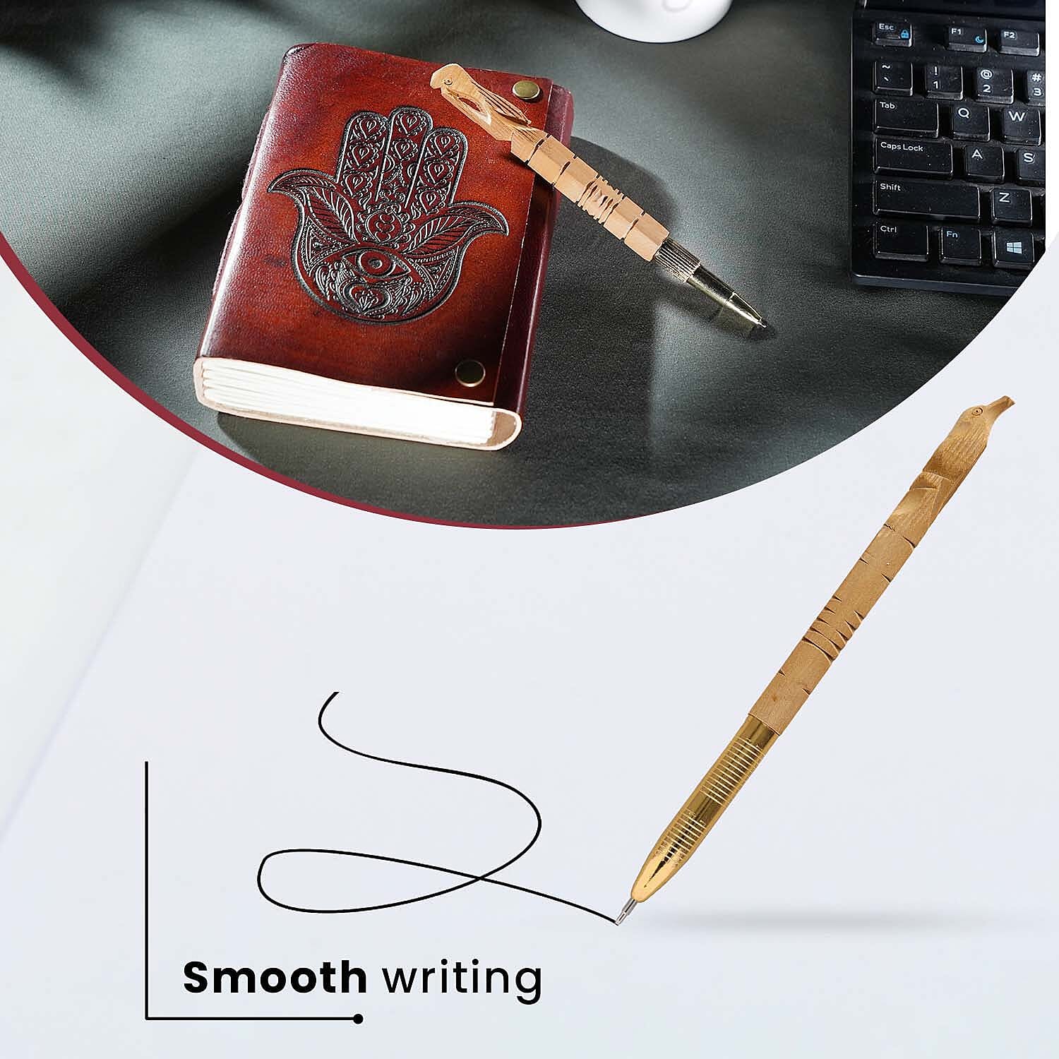 Hamsa Hand Pattern Leather Journal Notebook 96 Off White HMP with Box (Size 15x10 Cm) - Brown