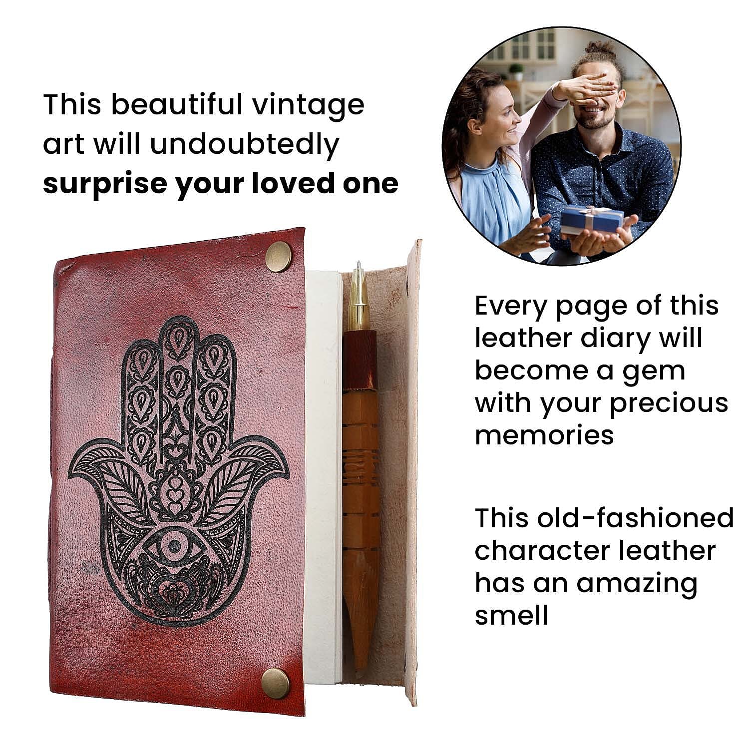 Hamsa Hand Pattern Leather Journal Notebook 96 Off White HMP with Box (Size 15x10 Cm) - Brown