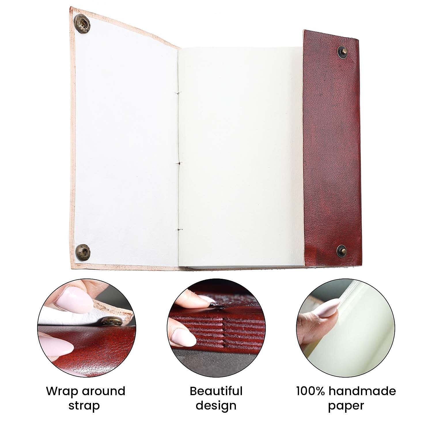 Hamsa Hand Pattern Leather Journal Notebook 96 Off White HMP with Box (Size 15x10 Cm) - Brown