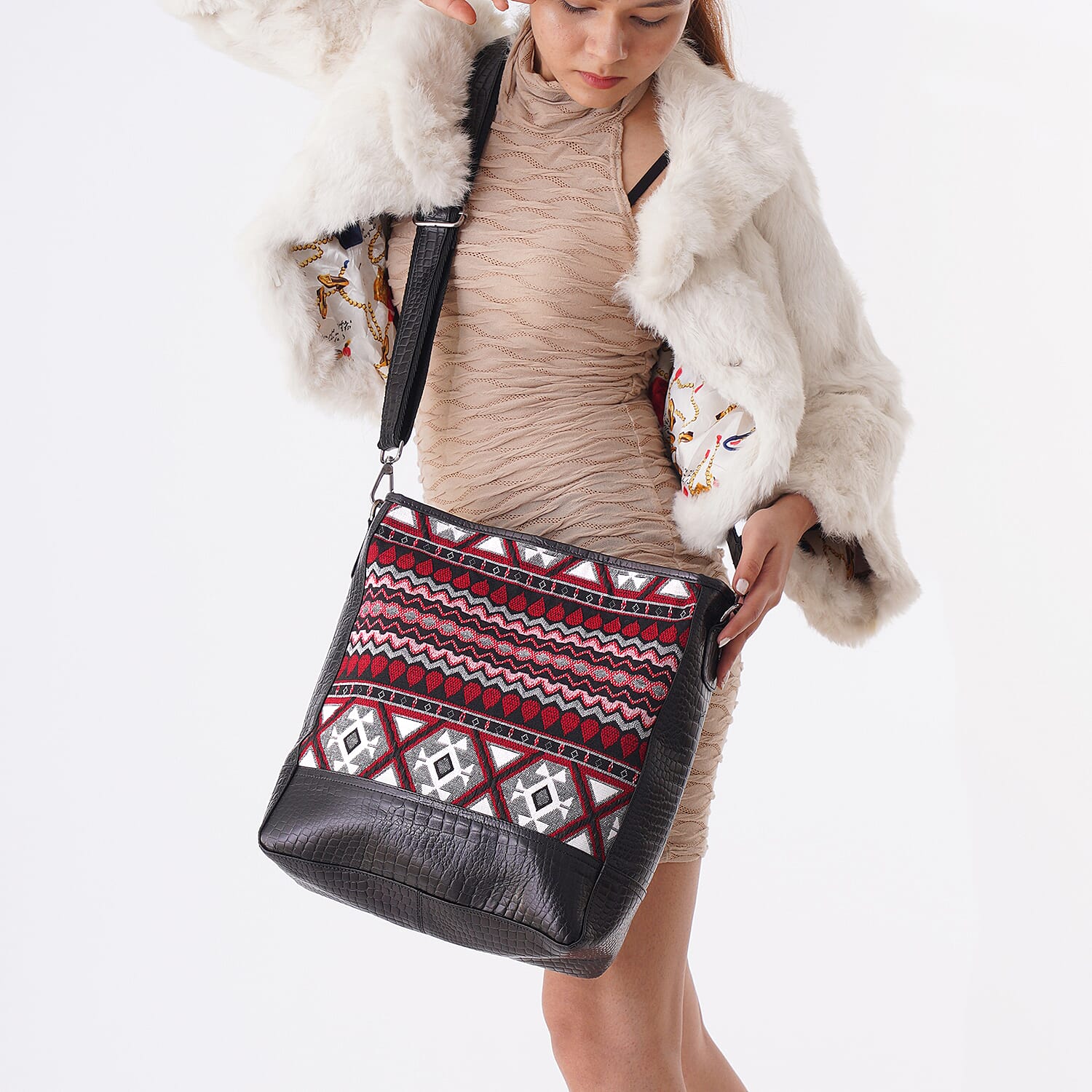 Genuine Leather Crocodile Embossed and Jacquard Crossbody Bag - Black