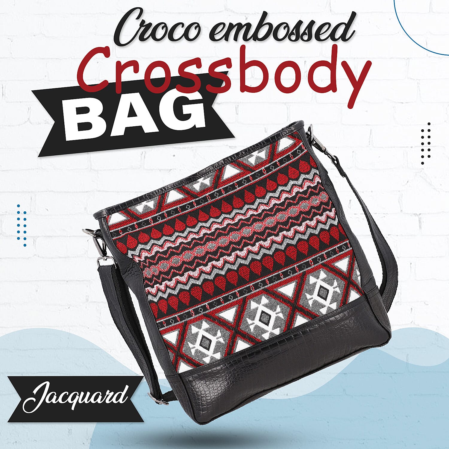 Genuine Leather Crocodile Embossed and Jacquard Crossbody Bag - Black