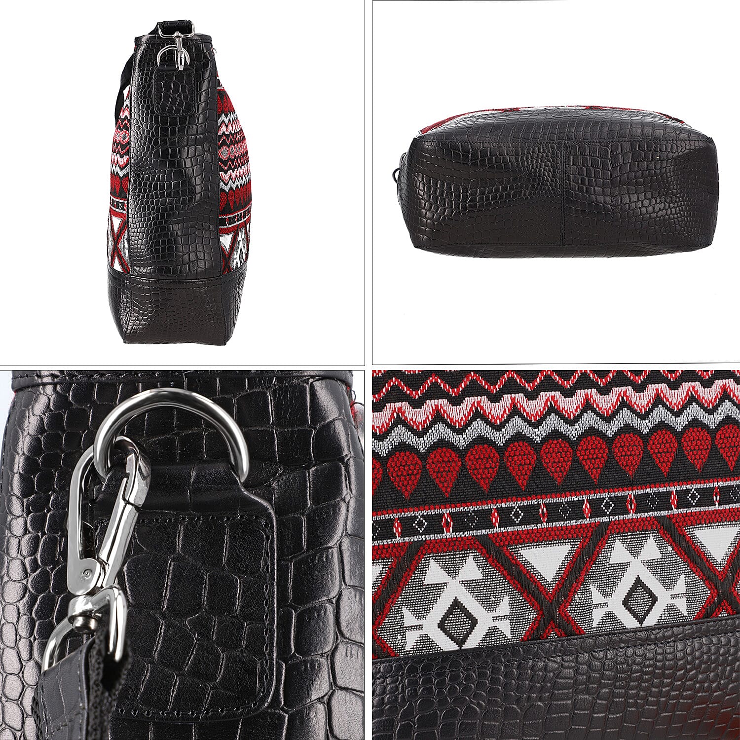 Genuine Leather Crocodile Embossed and Jacquard Crossbody Bag - Black