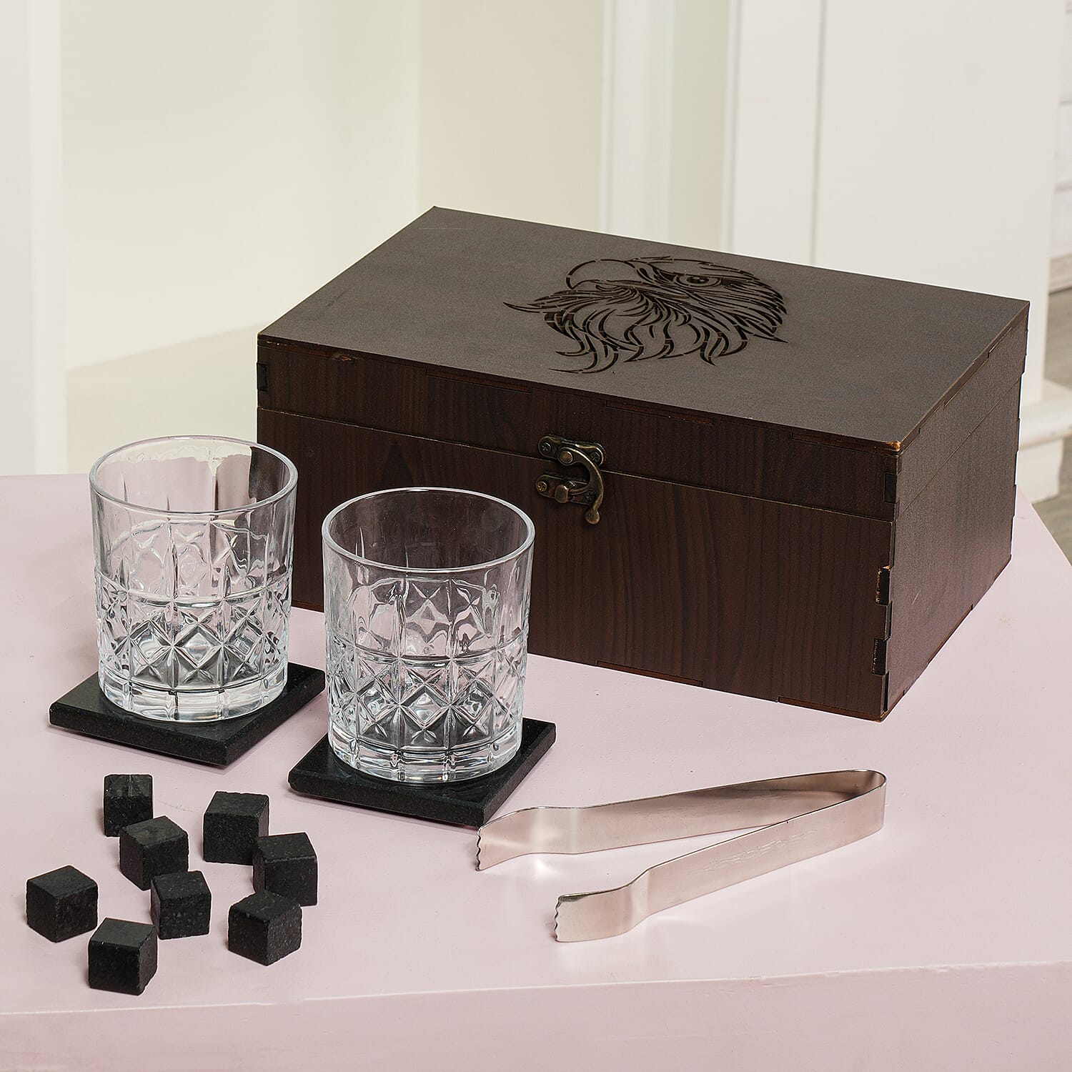 Set of 8 Whiskey Cooler Gemstones Eagle with Wooden Box (Size - 12cm) - Brown