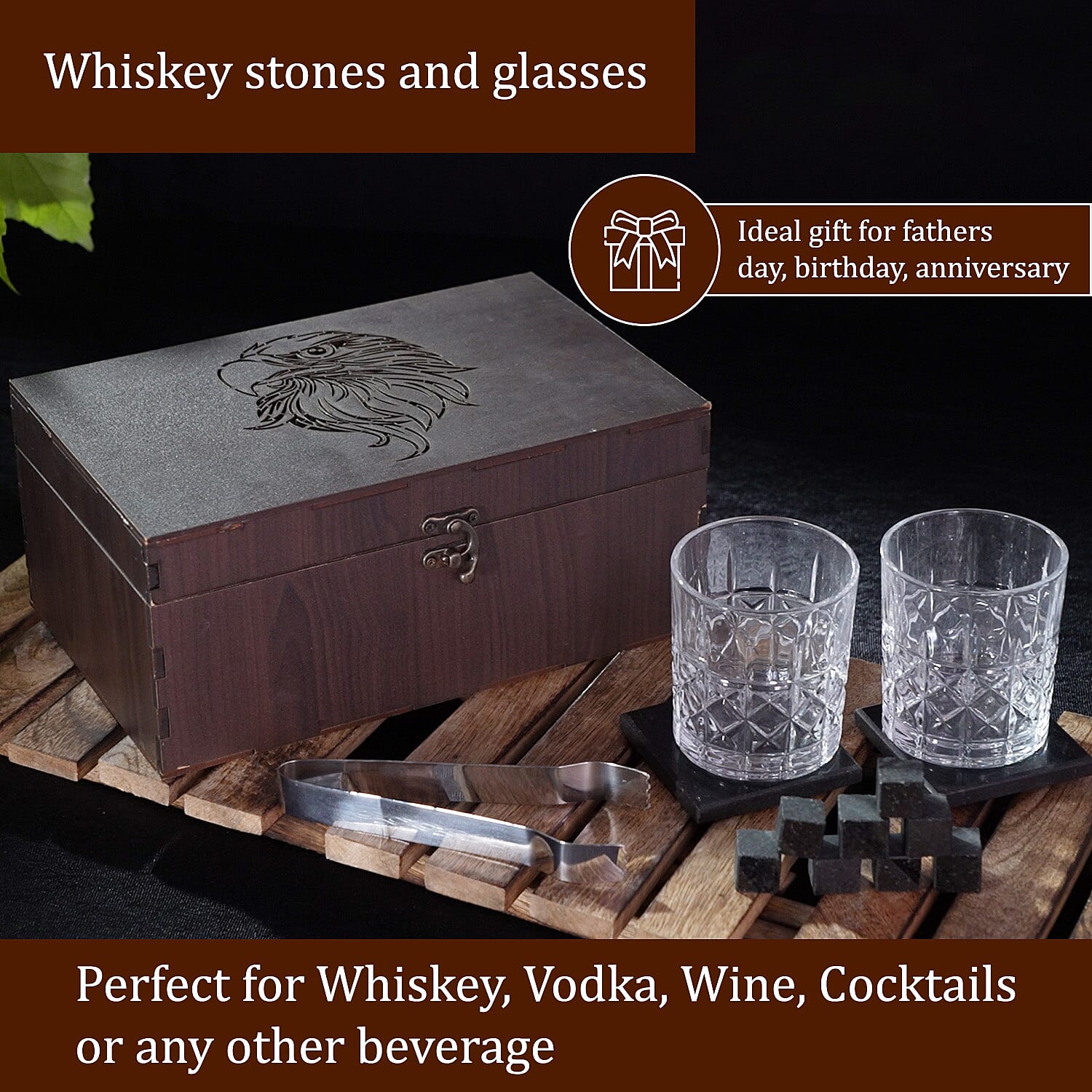 Set of 8 Whiskey Cooler Gemstones Eagle with Wooden Box (Size - 12cm) - Brown