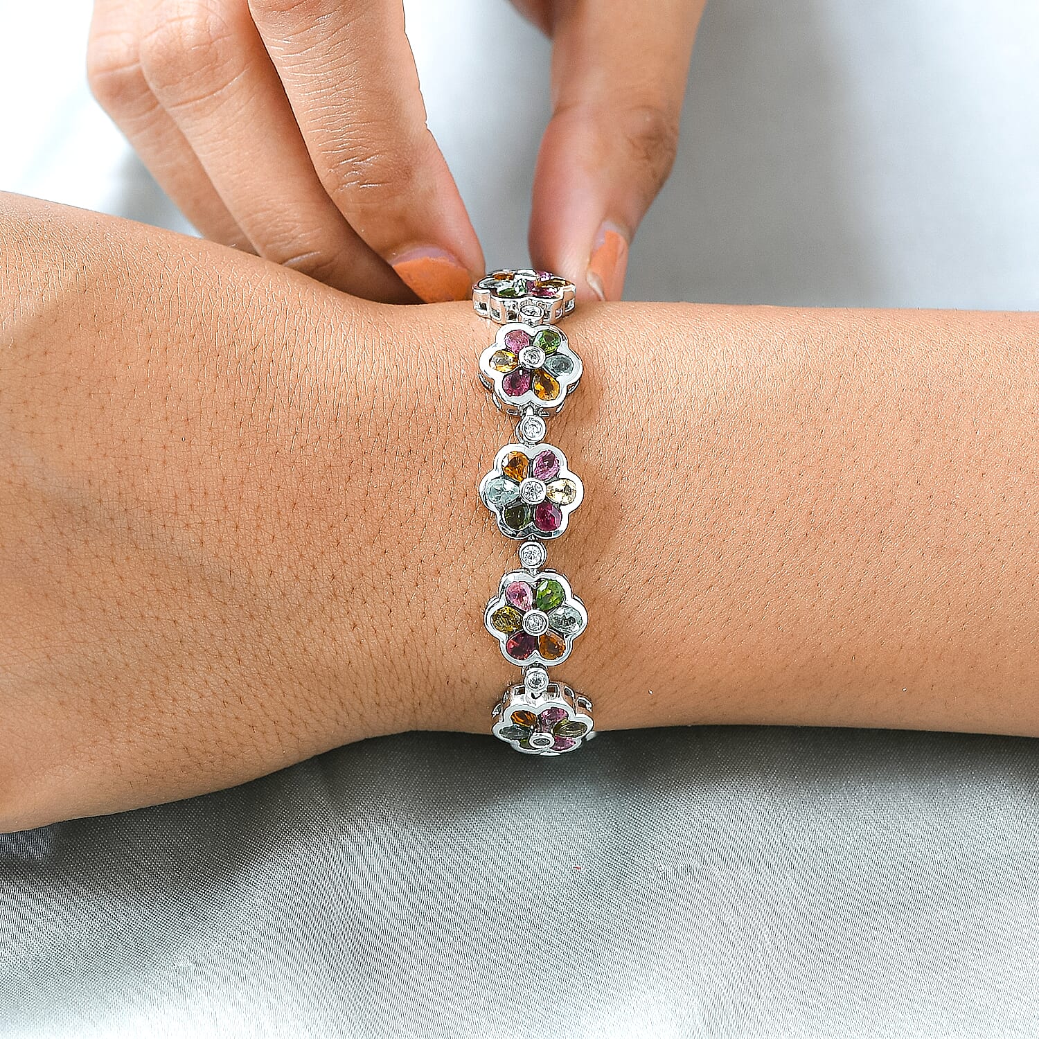 Multi-Tourmaline and Natural Zircon Bracelet (Size - 7.5) in Platinum Overlay Sterling Silver 12.49 Ct, Silver Wt. 20.30 Gms