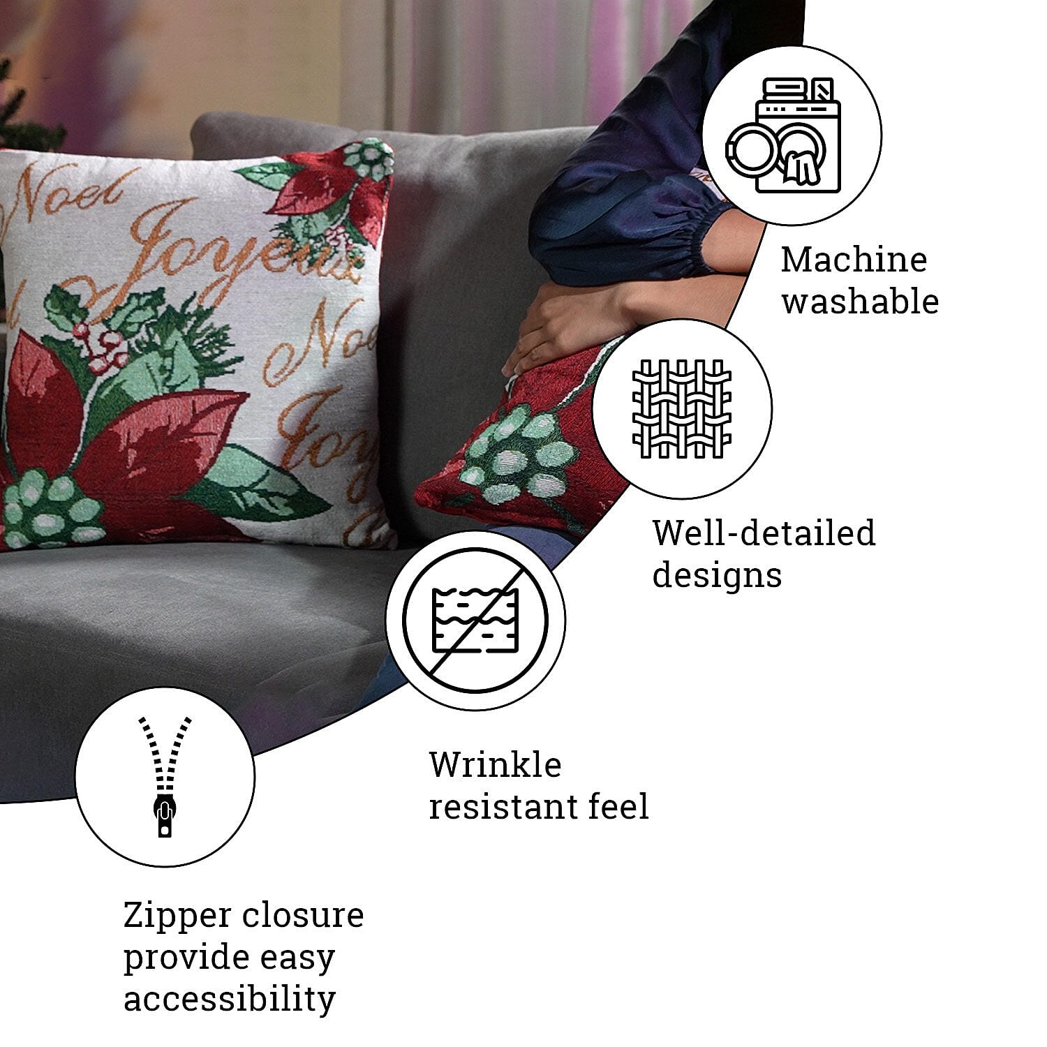 Set of 2 - Jacquard Woven Floral Cushion Covers (Size 45 Cm) - Beige & Red