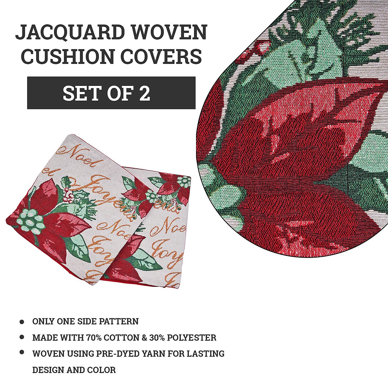 Set of 2 - Jacquard Woven Floral Cushion Covers (Size 45 Cm) - Beige & Red