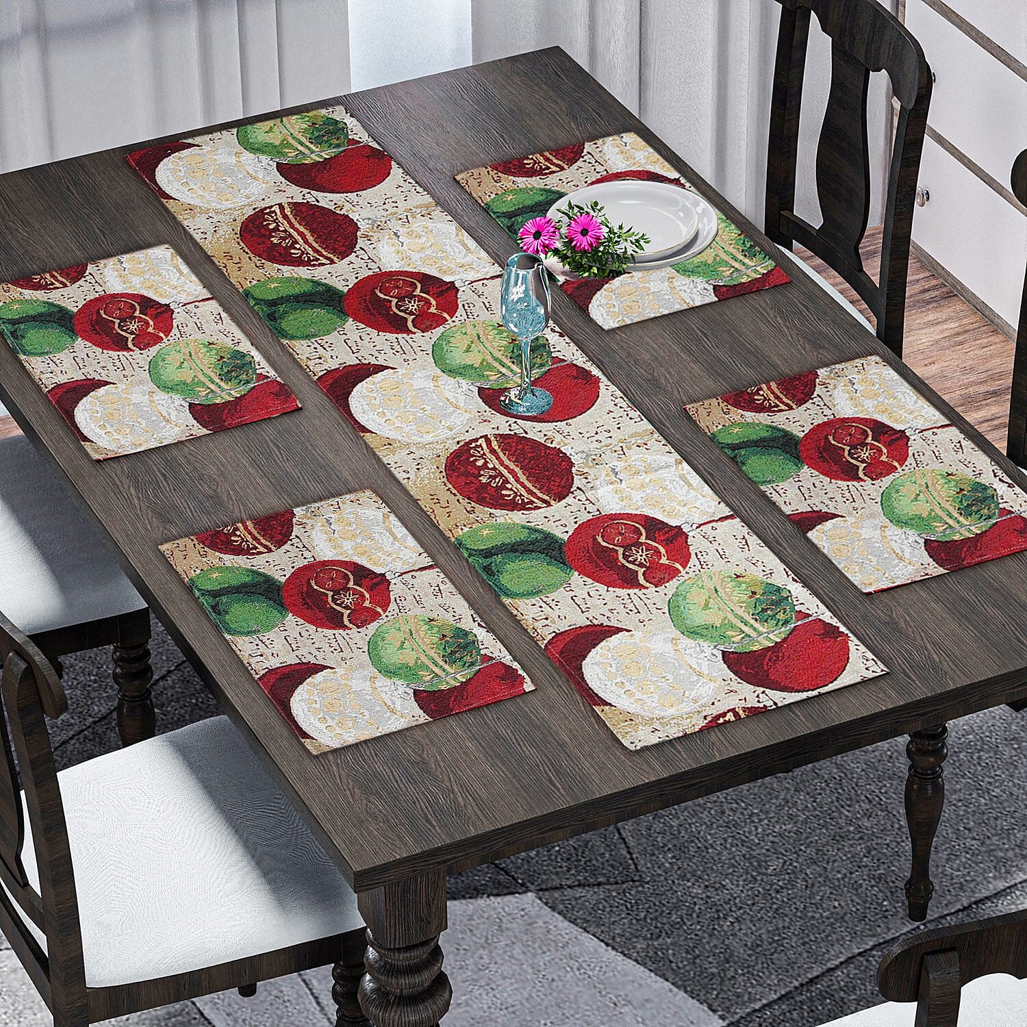 Set of 5 - Christmas Hanging Theme 4 pc Jacquard Placemats (Size 32x45 Cm) & 1 Runner (Size 32x133 Cm) - Multi