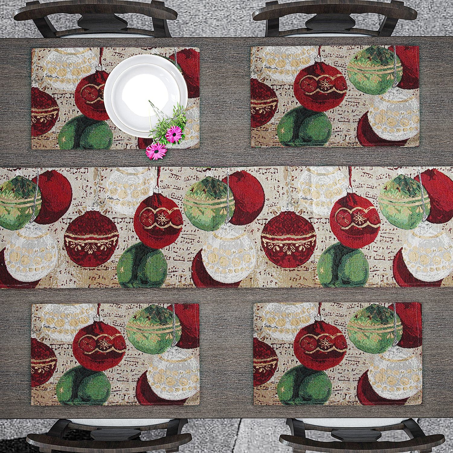 Set of 5 - Christmas Hanging Theme 4 pc Jacquard Placemats (Size 32x45 Cm) & 1 Runner (Size 32x133 Cm) - Multi