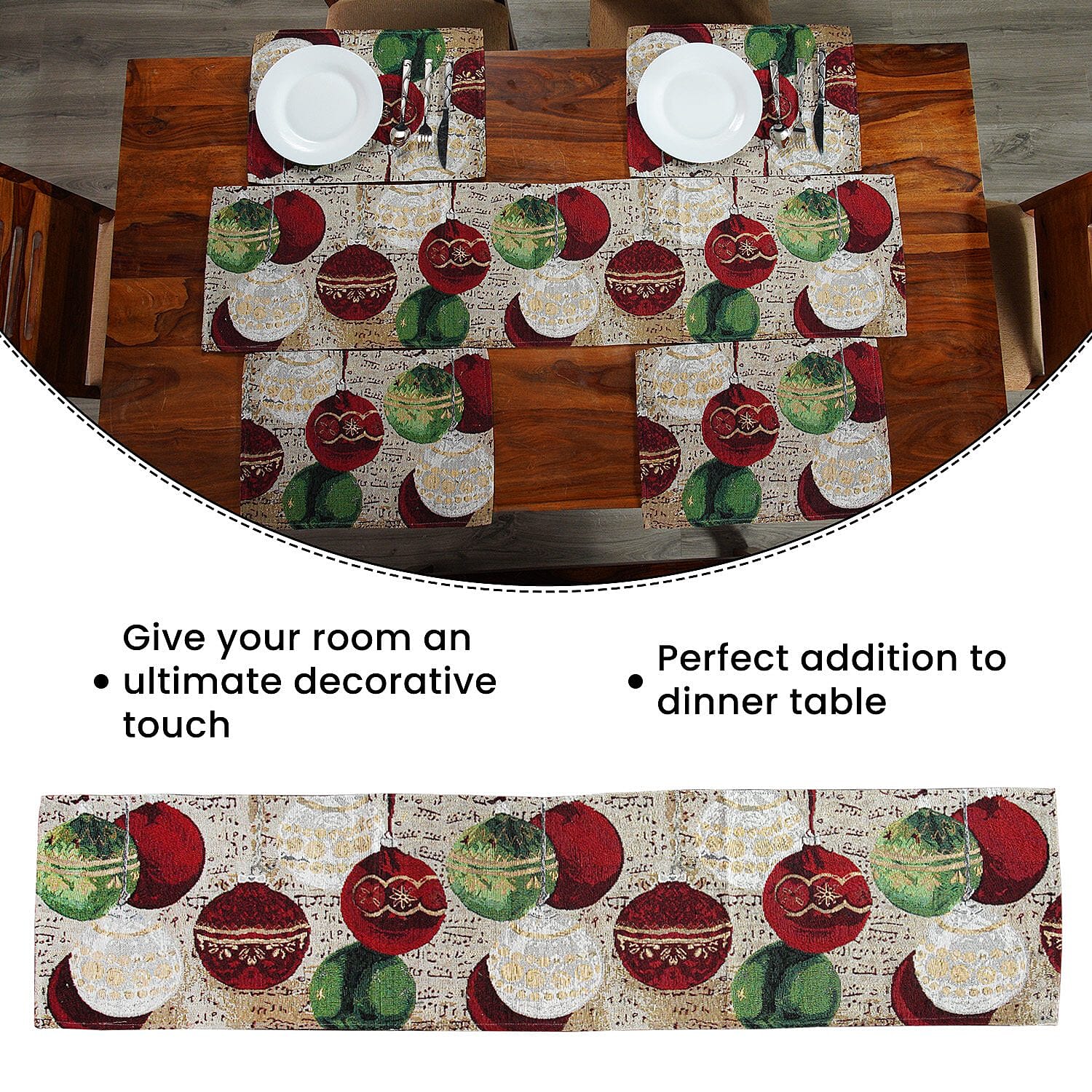 Set of 5 - Christmas Hanging Theme 4 pc Jacquard Placemats (Size 32x45 Cm) & 1 Runner (Size 32x133 Cm) - Multi