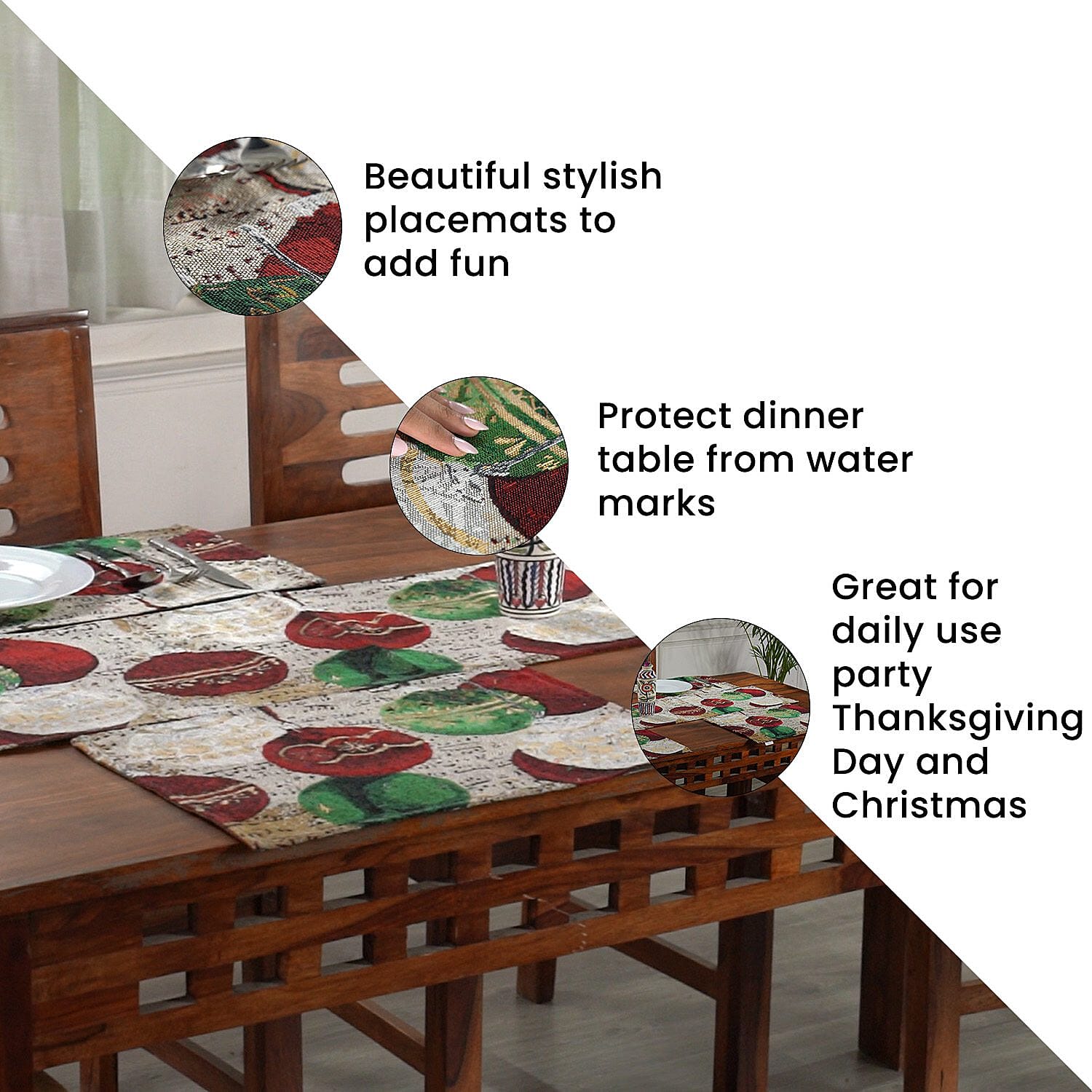 Set of 5 - Christmas Hanging Theme 4 pc Jacquard Placemats (Size 32x45 Cm) & 1 Runner (Size 32x133 Cm) - Multi