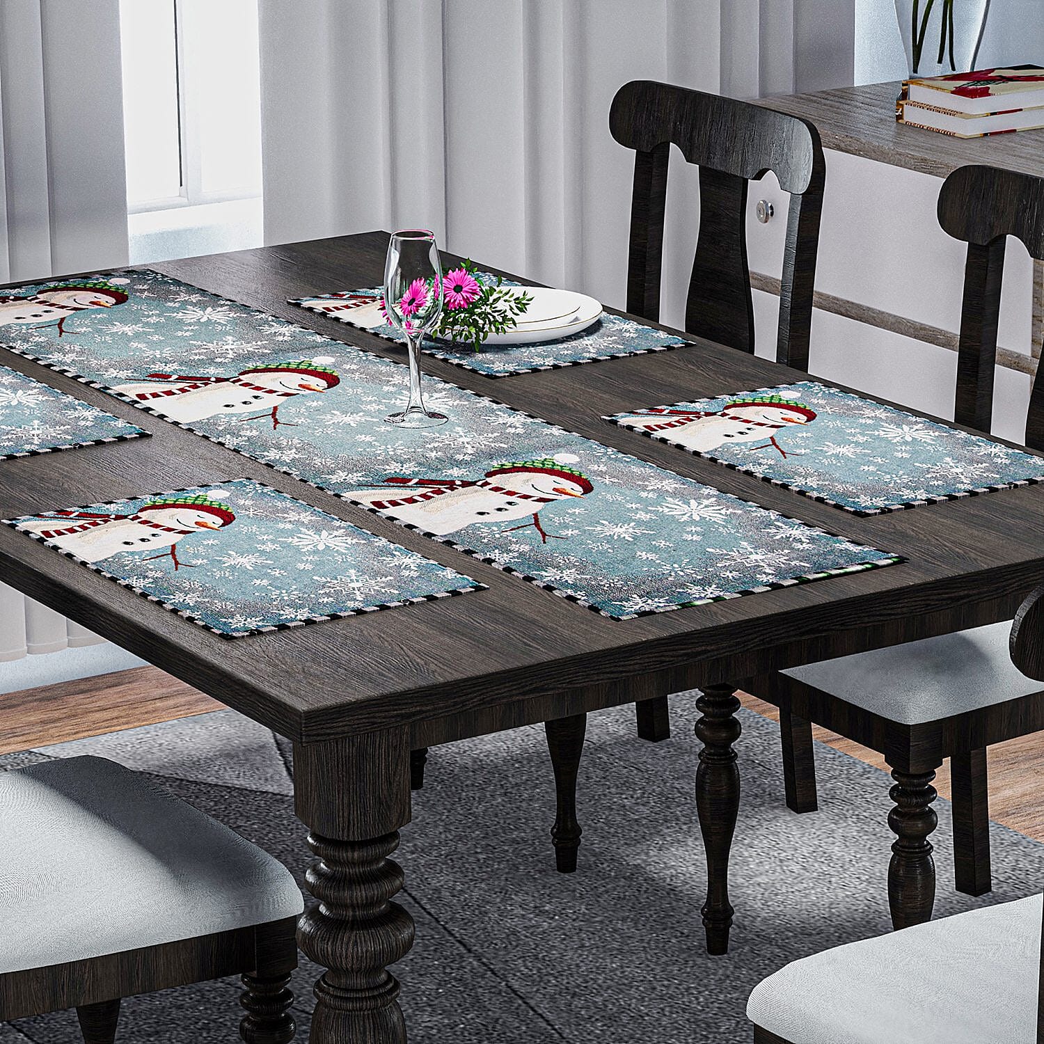 Set of 5 - Snowman Theme 4 pc Jacquard Placemats (Size 32x45 Cm) & 1 Runner (Size 32x133 Cm) -Turquoise & White