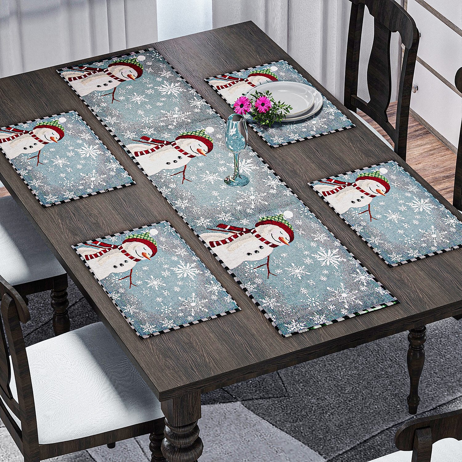 Set of 5 - Snowman Theme 4 pc Jacquard Placemats (Size 32x45 Cm) & 1 Runner (Size 32x133 Cm) -Turquoise & White