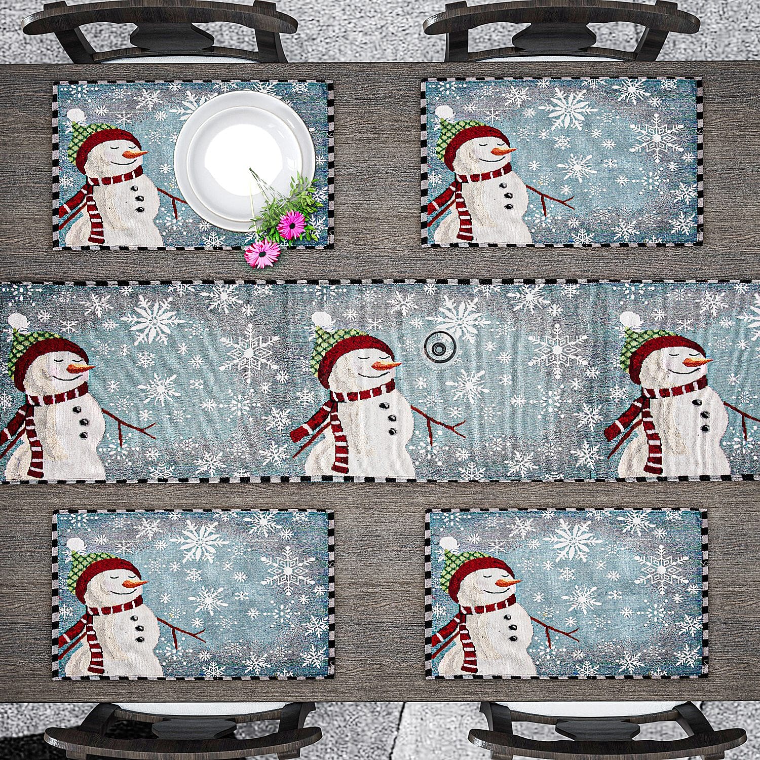 Set of 5 - Snowman Theme 4 pc Jacquard Placemats (Size 32x45 Cm) & 1 Runner (Size 32x133 Cm) -Turquoise & White
