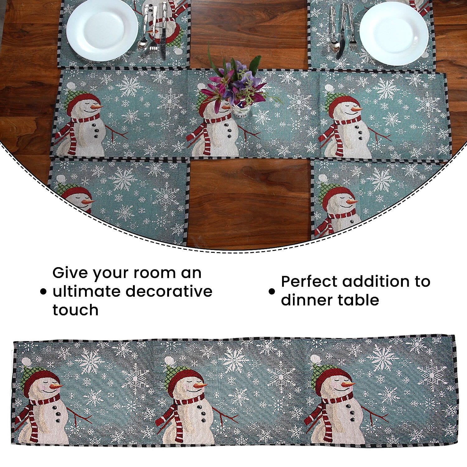 Set of 5 - Snowman Theme 4 pc Jacquard Placemats (Size 32x45 Cm) & 1 Runner (Size 32x133 Cm) -Turquoise & White