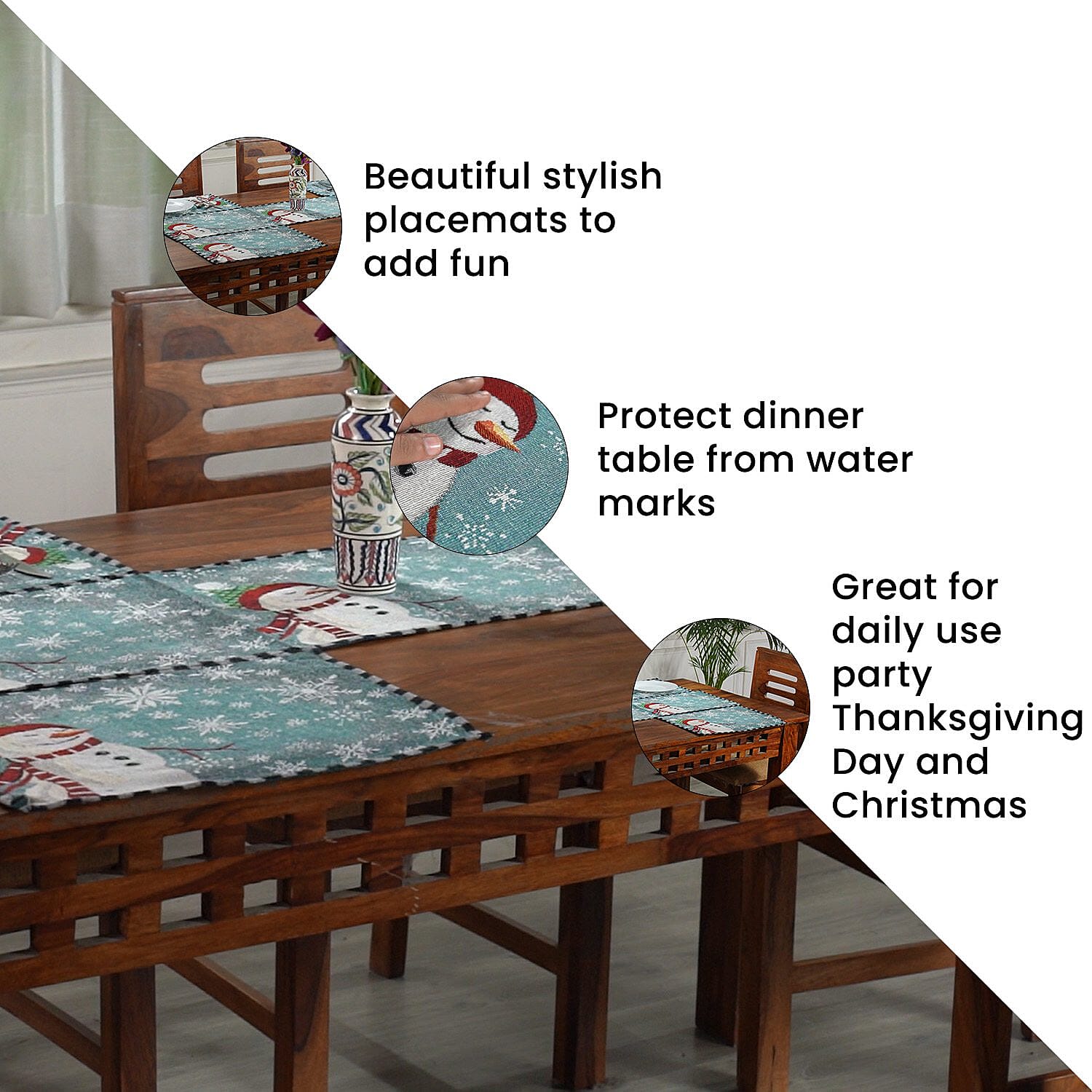 Set of 5 - Snowman Theme 4 pc Jacquard Placemats (Size 32x45 Cm) & 1 Runner (Size 32x133 Cm) -Turquoise & White