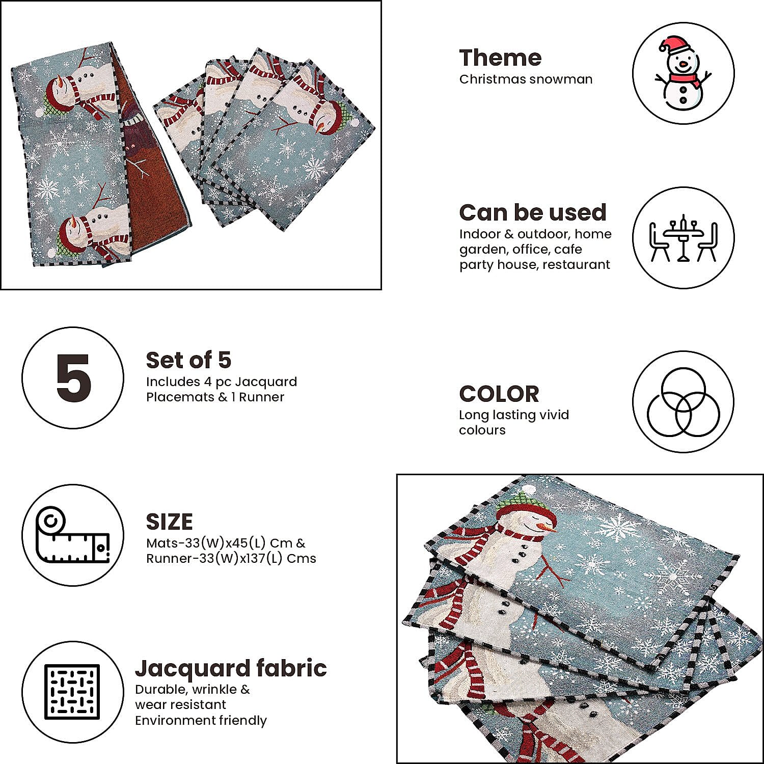 Set of 5 - Snowman Theme 4 pc Jacquard Placemats (Size 32x45 Cm) & 1 Runner (Size 32x133 Cm) -Turquoise & White