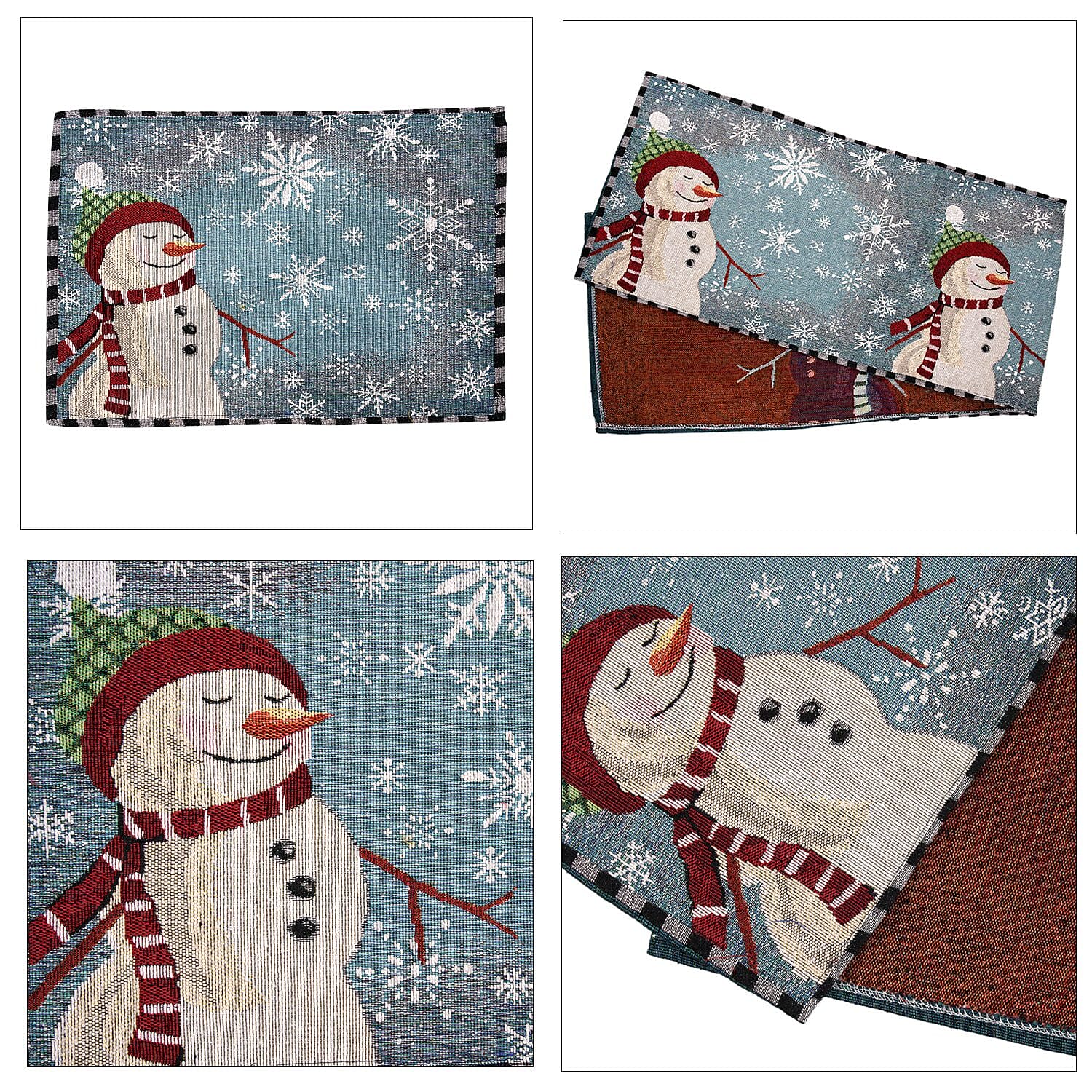 Set of 5 - Snowman Theme 4 pc Jacquard Placemats (Size 32x45 Cm) & 1 Runner (Size 32x133 Cm) -Turquoise & White