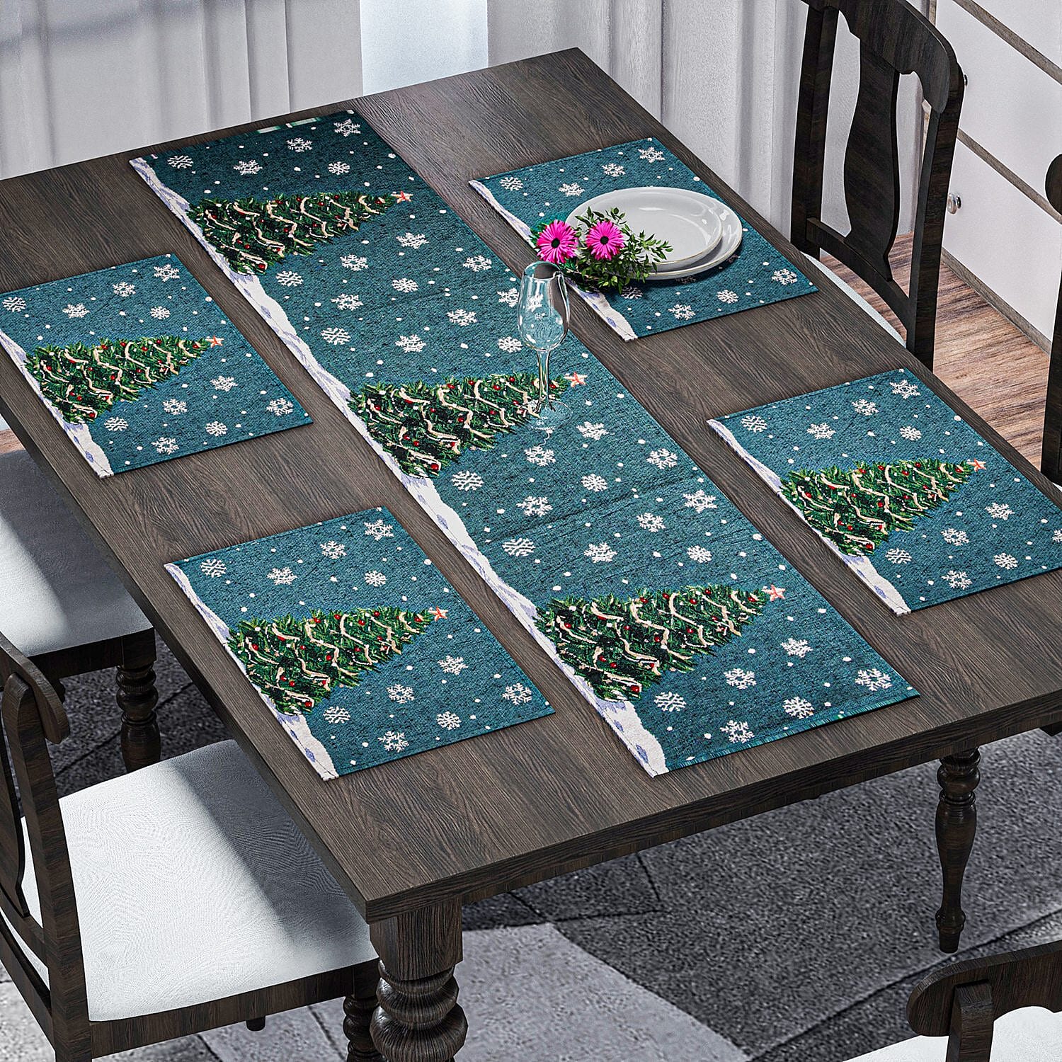 Set of 5 - Christmas Tree Theme 4 pc Jacquard Placemats (Size 32x45 Cm) & 1 Runner (Size 32x133 Cm) - Blue & Green