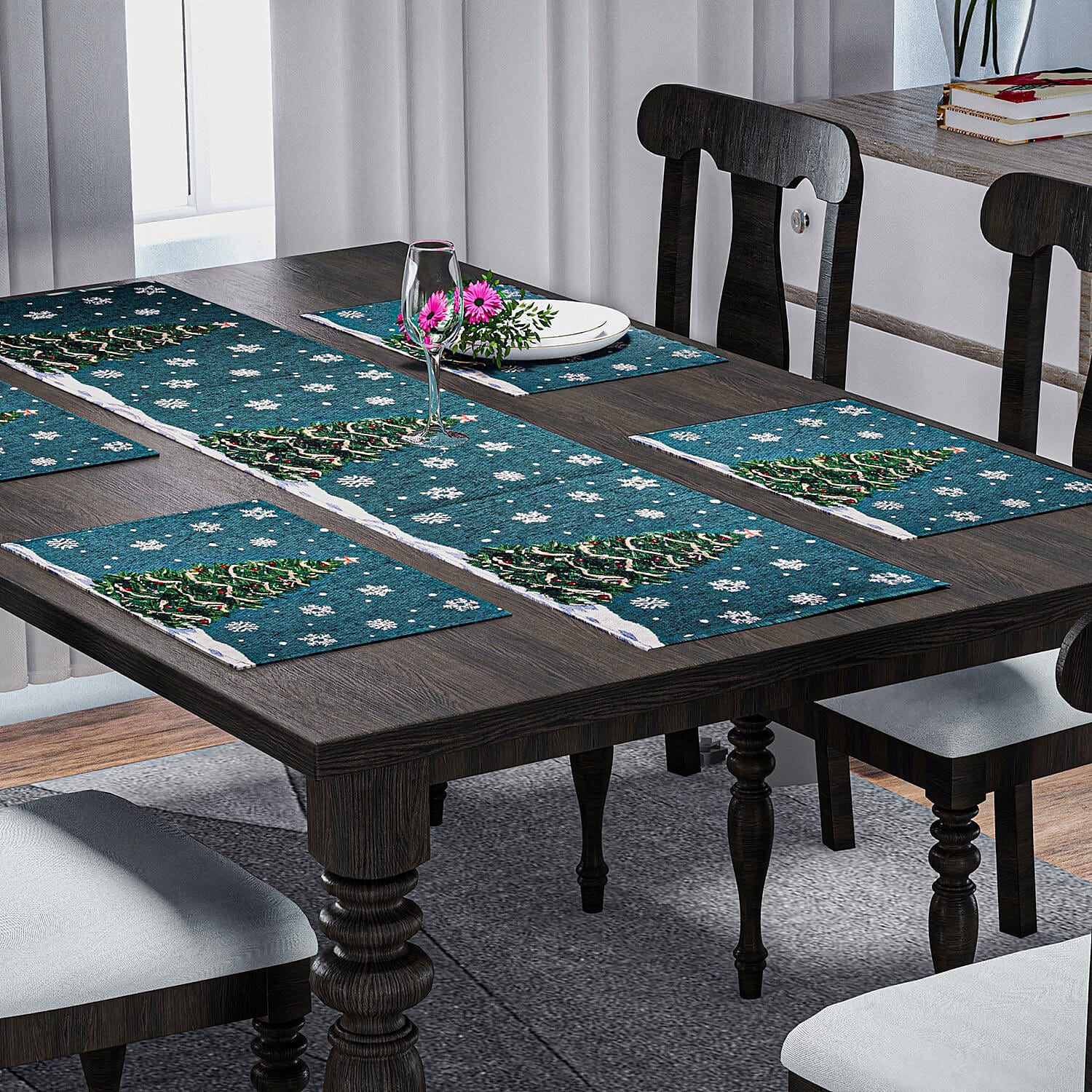 Set of 5 - Christmas Tree Theme 4 pc Jacquard Placemats (Size 32x45 Cm) & 1 Runner (Size 32x133 Cm) - Blue & Green