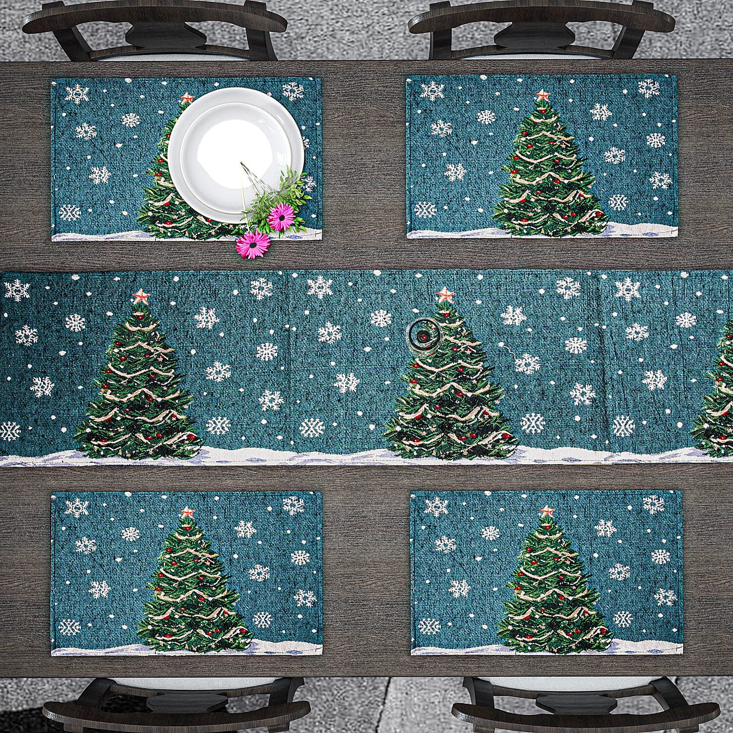 Set of 5 - Christmas Tree Theme 4 pc Jacquard Placemats (Size 32x45 Cm) & 1 Runner (Size 32x133 Cm) - Blue & Green