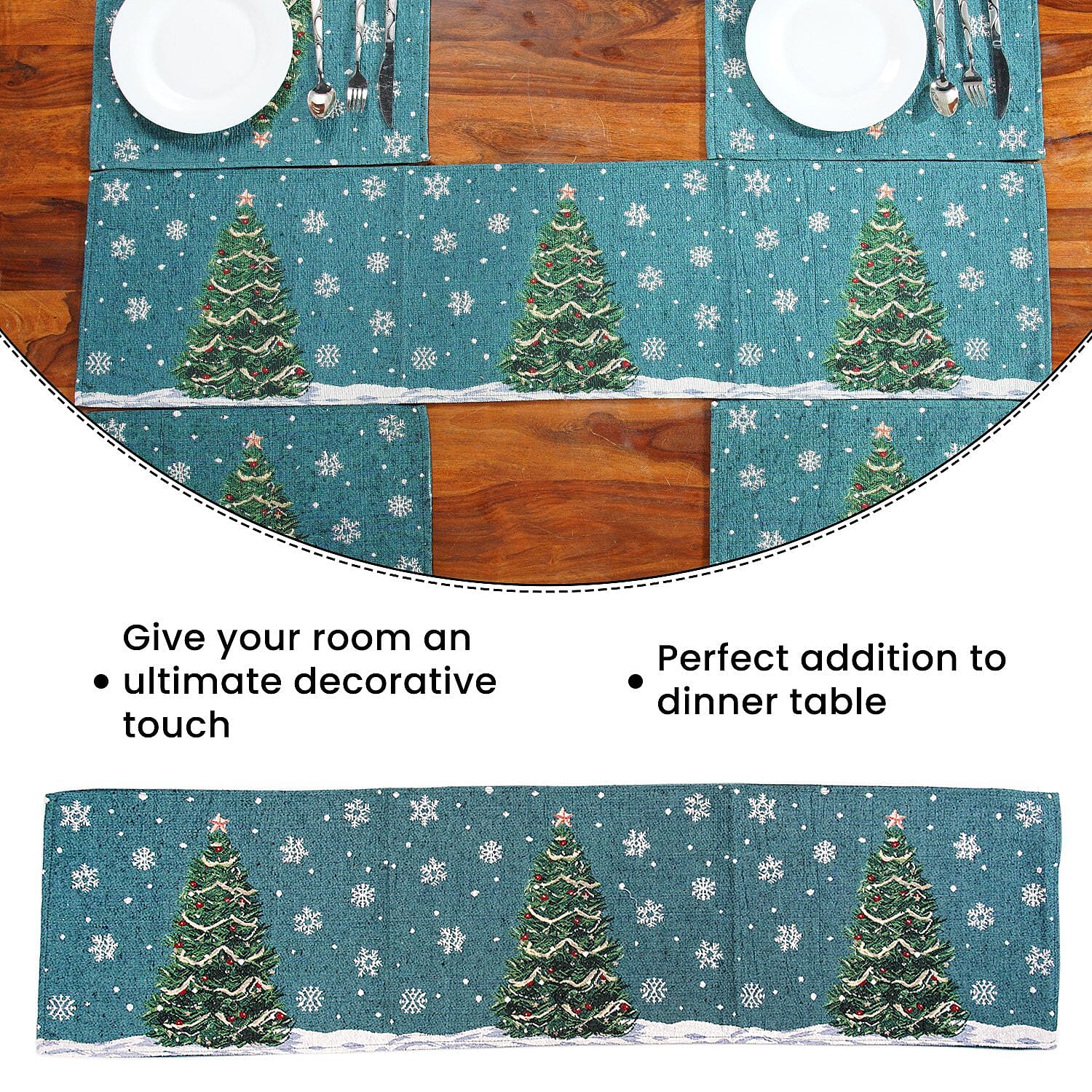 Set of 5 - Christmas Tree Theme 4 pc Jacquard Placemats (Size 32x45 Cm) & 1 Runner (Size 32x133 Cm) - Blue & Green
