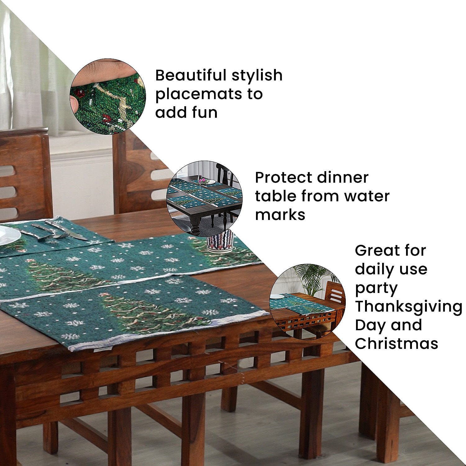 Set of 5 - Christmas Tree Theme 4 pc Jacquard Placemats (Size 32x45 Cm) & 1 Runner (Size 32x133 Cm) - Blue & Green