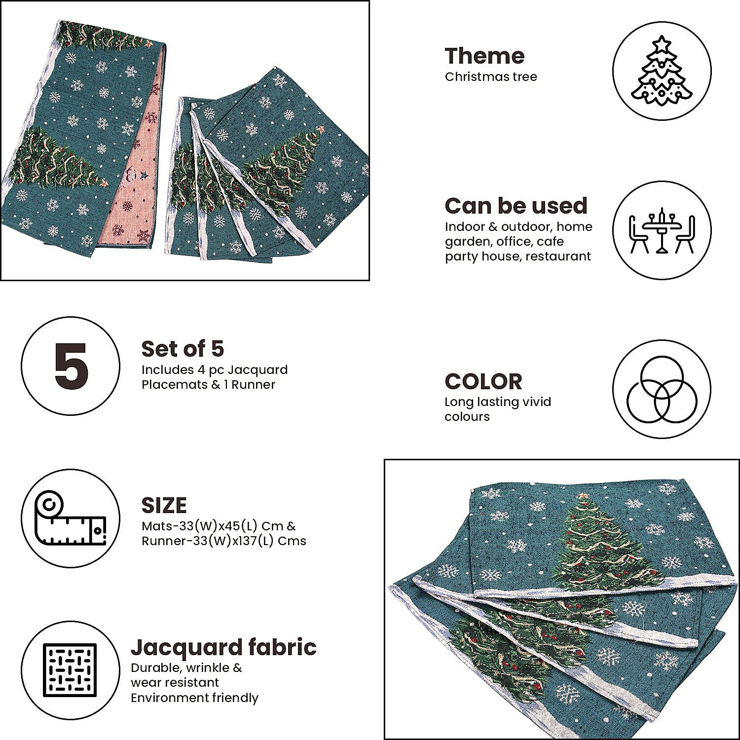 Set of 5 - Christmas Tree Theme 4 pc Jacquard Placemats (Size 32x45 Cm) & 1 Runner (Size 32x133 Cm) - Blue & Green