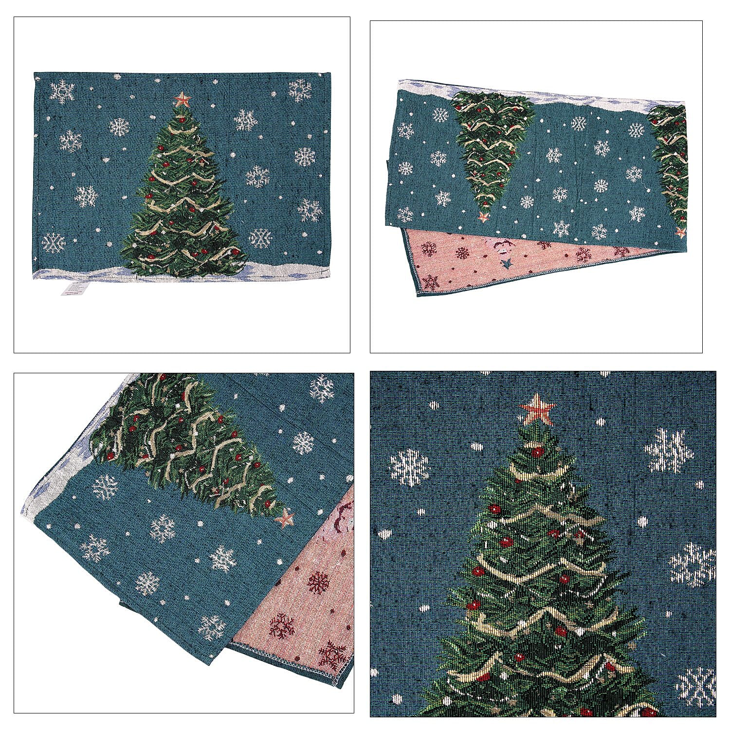 Set of 5 - Christmas Tree Theme 4 pc Jacquard Placemats (Size 32x45 Cm) & 1 Runner (Size 32x133 Cm) - Blue & Green