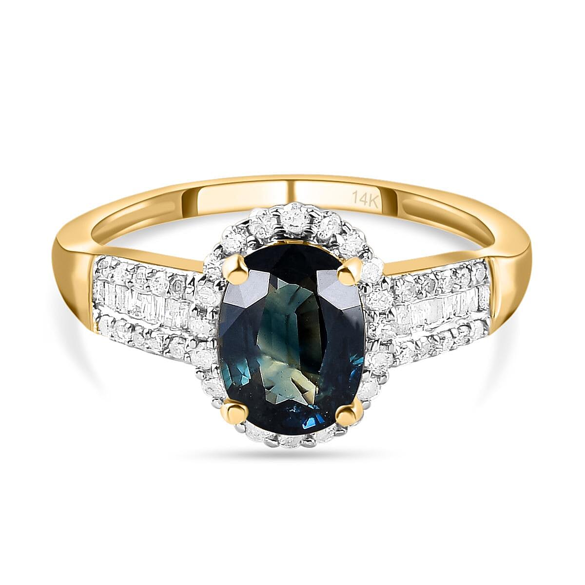 14K Yellow Gold AAA Ocean Teal Sapphire (OVL 1.60 cts) and Diamond Ring 1.91 Ct.