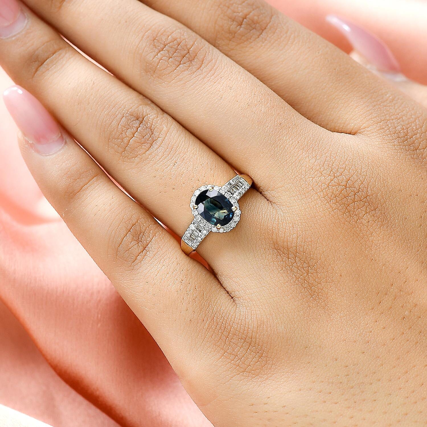 14K Yellow Gold AAA Ocean Teal Sapphire (OVL 1.60 cts) and Diamond Ring 1.91 Ct.