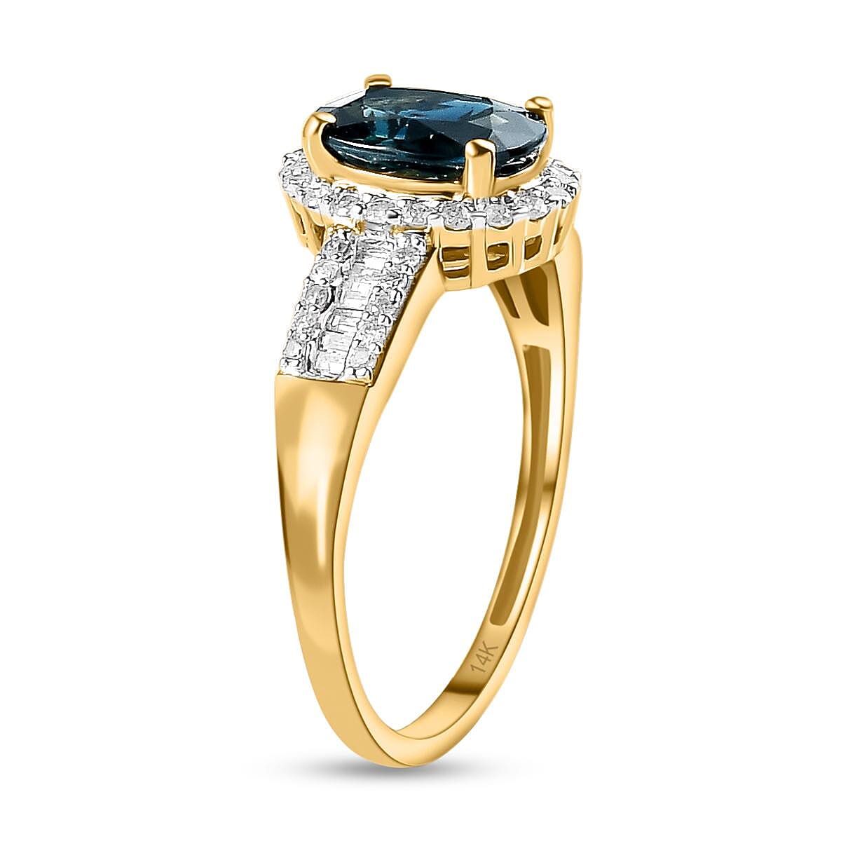 14K Yellow Gold AAA Ocean Teal Sapphire (OVL 1.60 cts) and Diamond Ring 1.91 Ct.